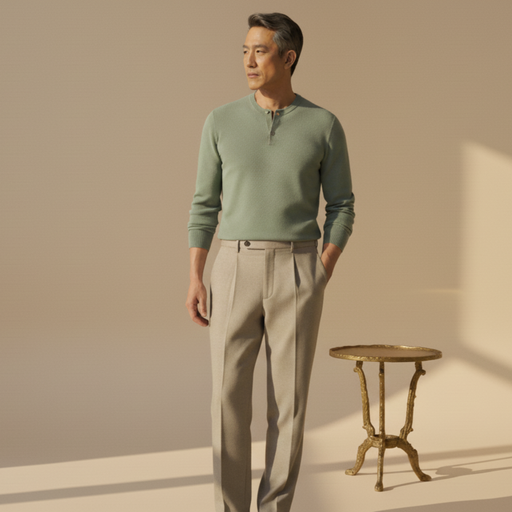 Man in green sweater and tan slacks