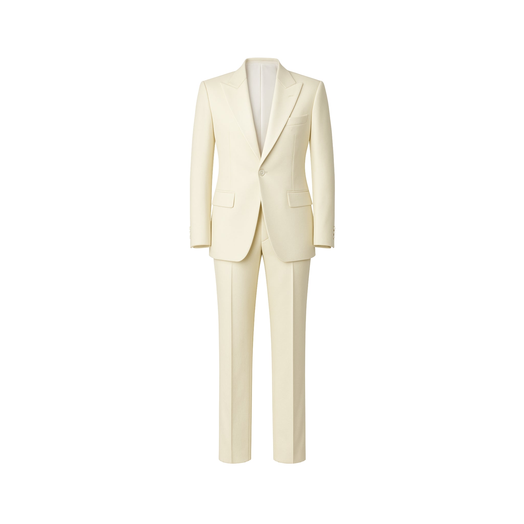 Tailored Masculine Fit Peak Lapel Wool Tuxedo in Ivory