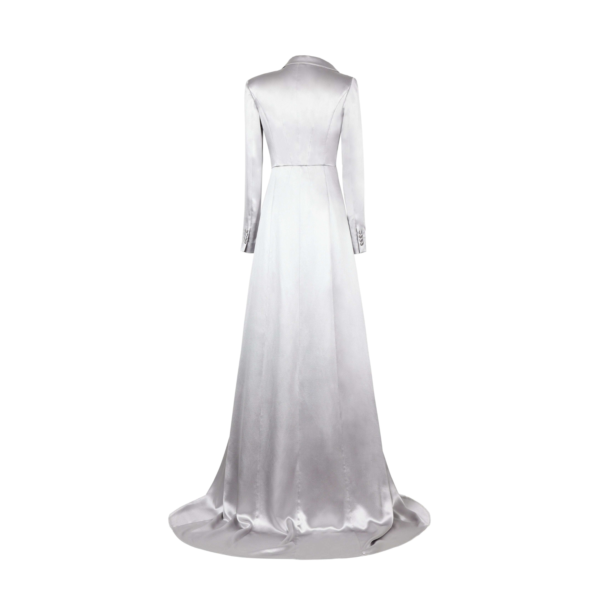 Silver Satin Couture Blazer Dress With Train – Luxe Tailored Boudoir Wear