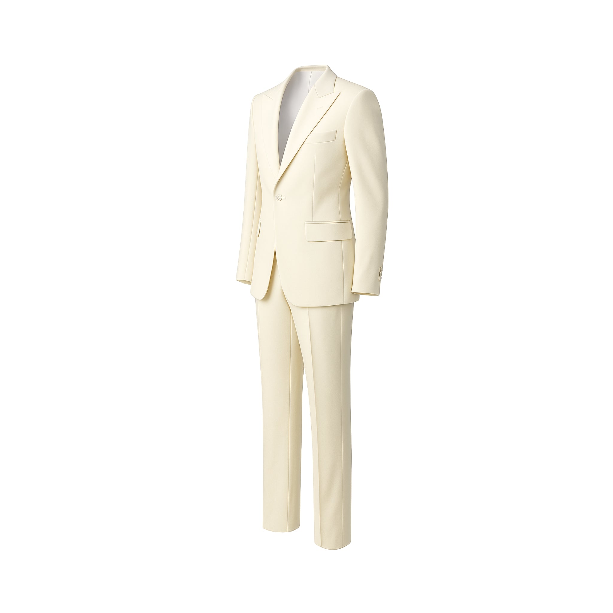 Tailored Masculine Fit Peak Lapel Wool Tuxedo in Ivory