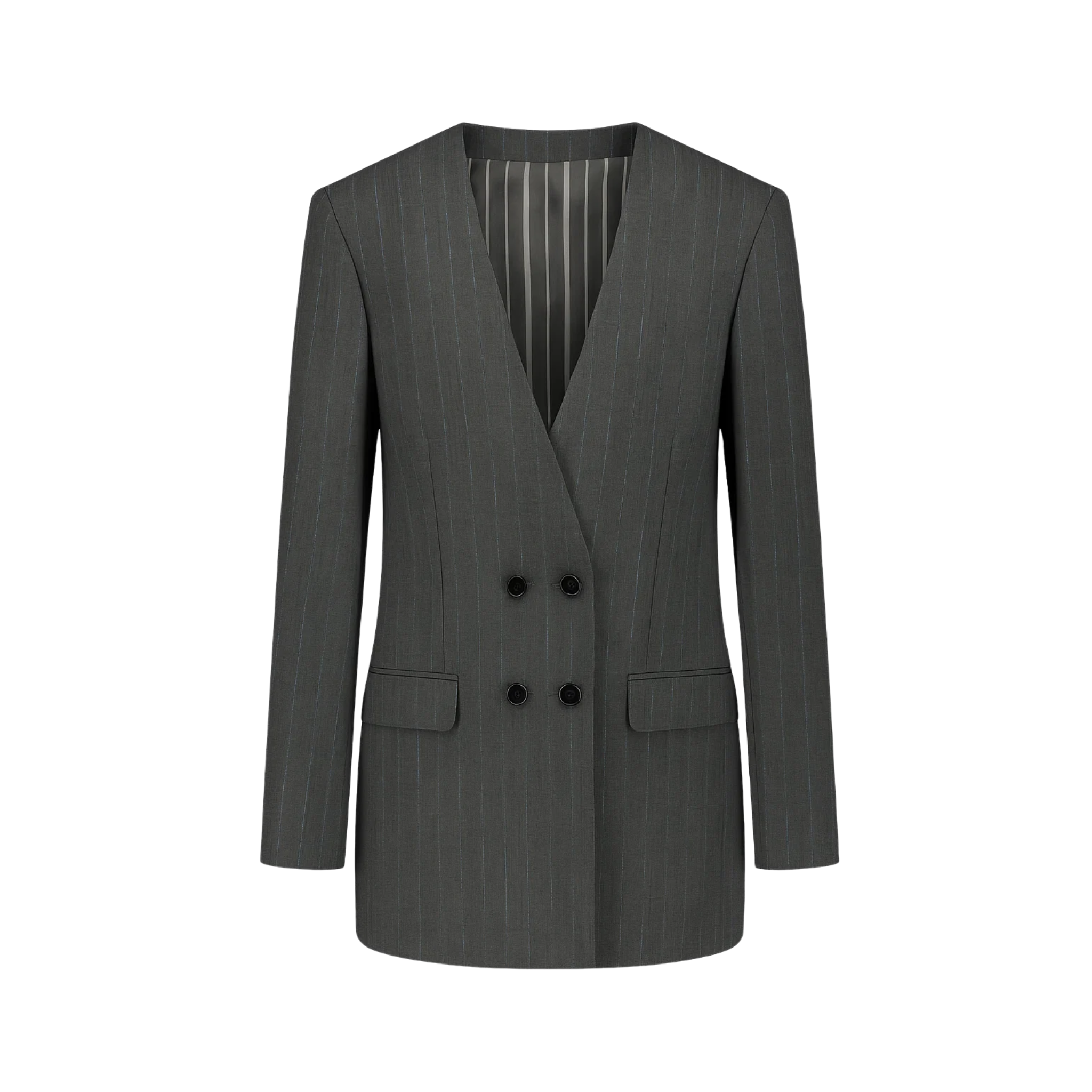 Grey Pinstripe Deep-V Double-Breasted Blazer