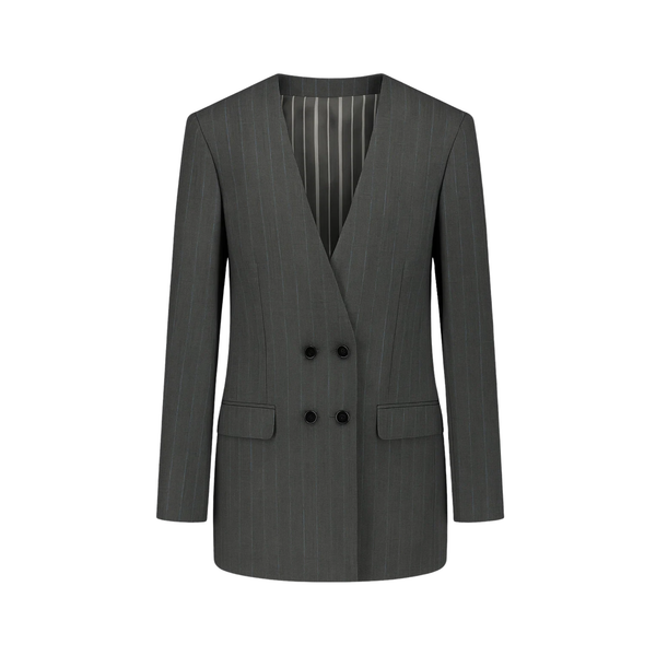 Grey Pinstripe Deep-V Double-Breasted Blazer