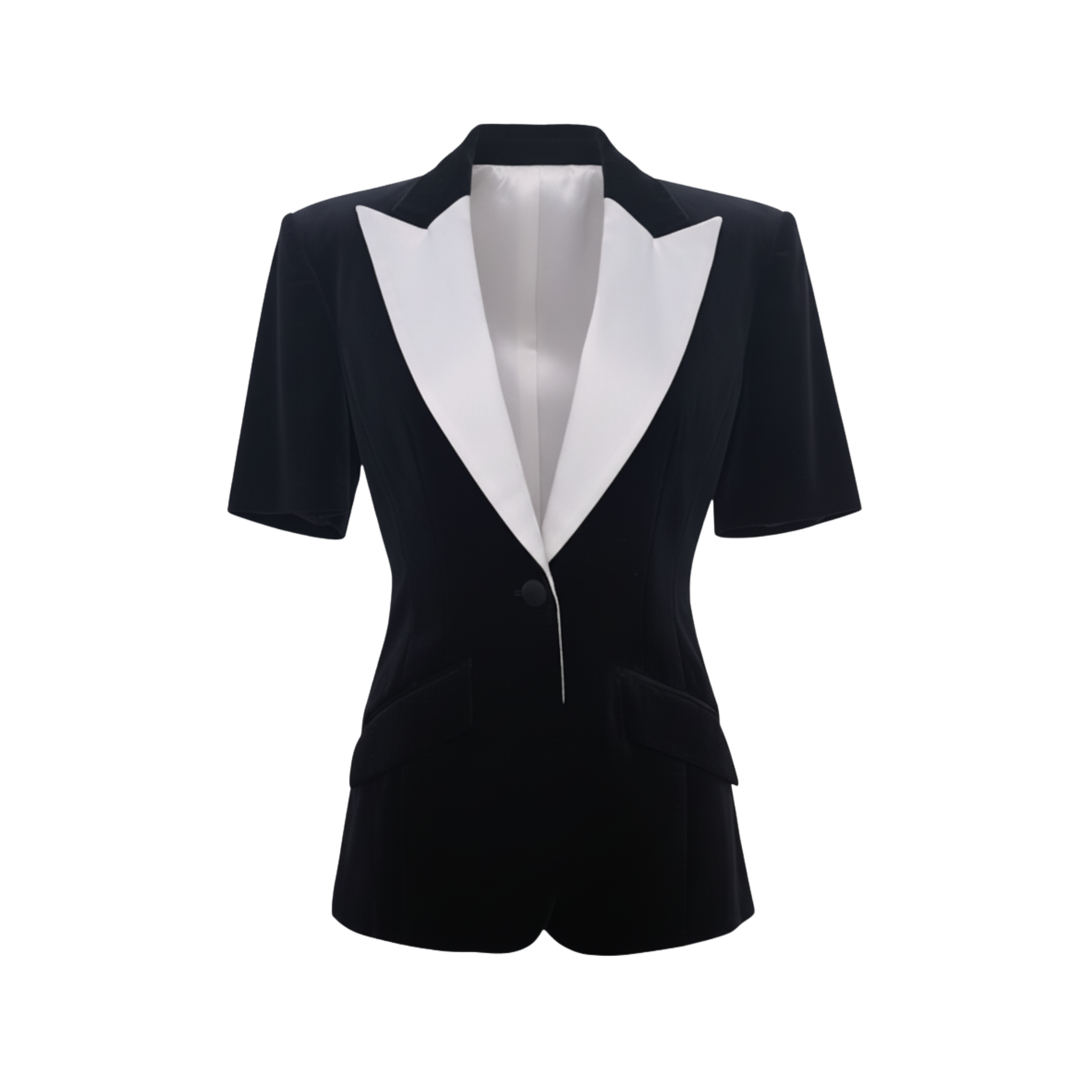 Black Tuxedo Blazer with Contrast Lapels and Short Sleeves