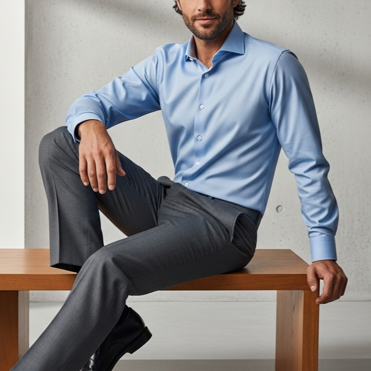 Man sitting on a wooden bench wearing a light blue shirt and dark gray pants.