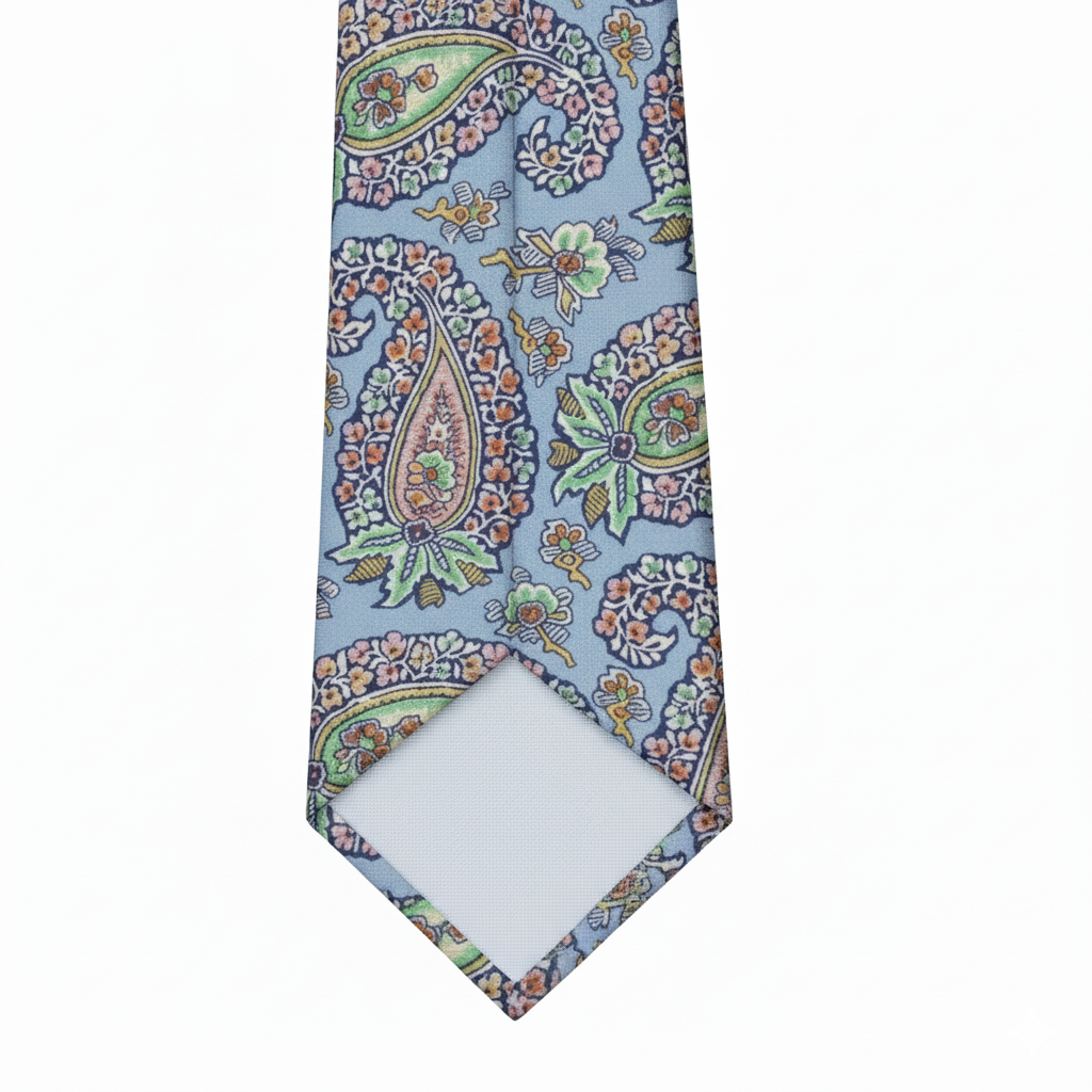 Paisley silk tie tip showing woven pattern and interior lining detail