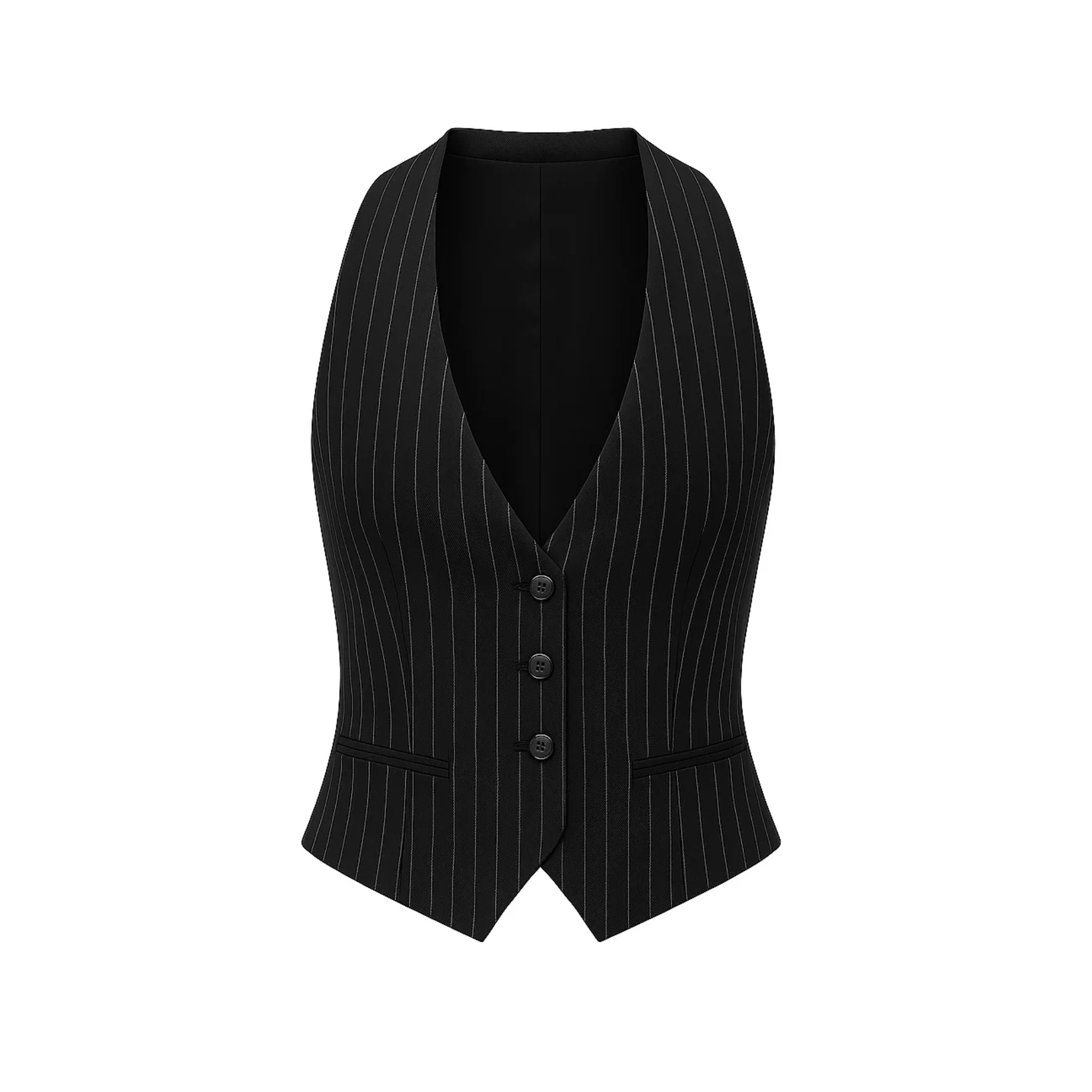 Low-Cut Black Pinstripe Fitted Vest