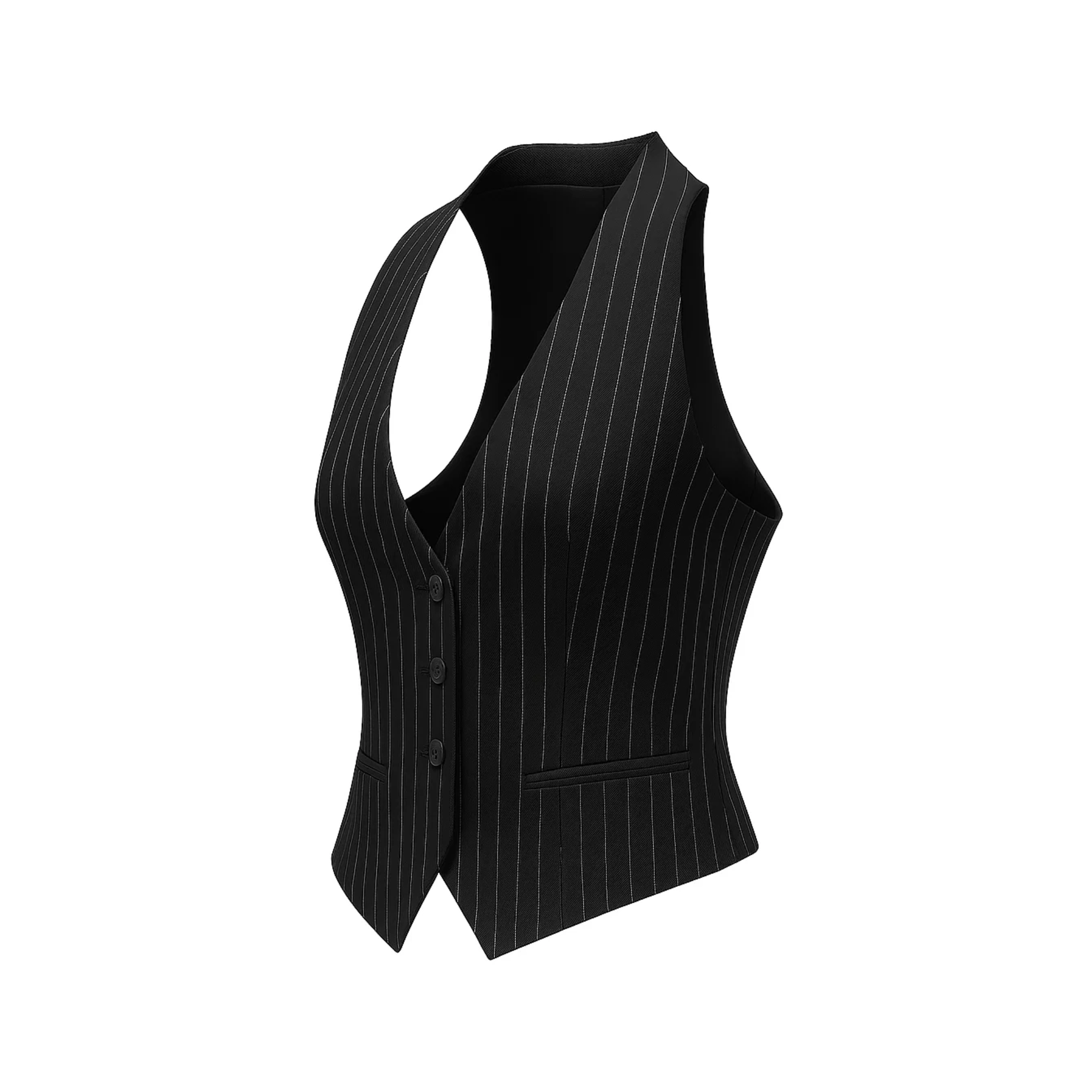 Low-Cut Black Pinstripe Fitted Vest