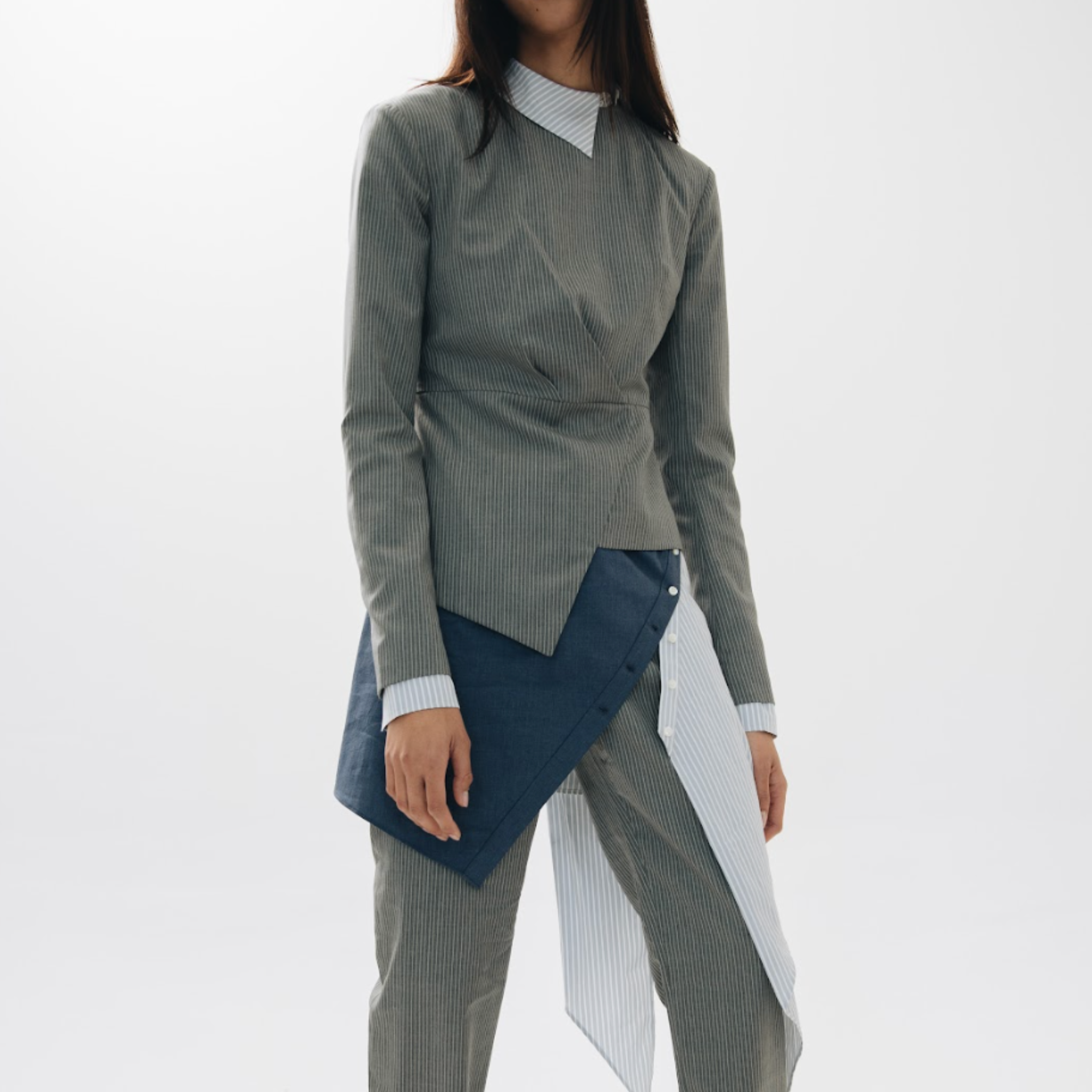 Charcoal Pinstripe Asymmetric Wrap Blouse