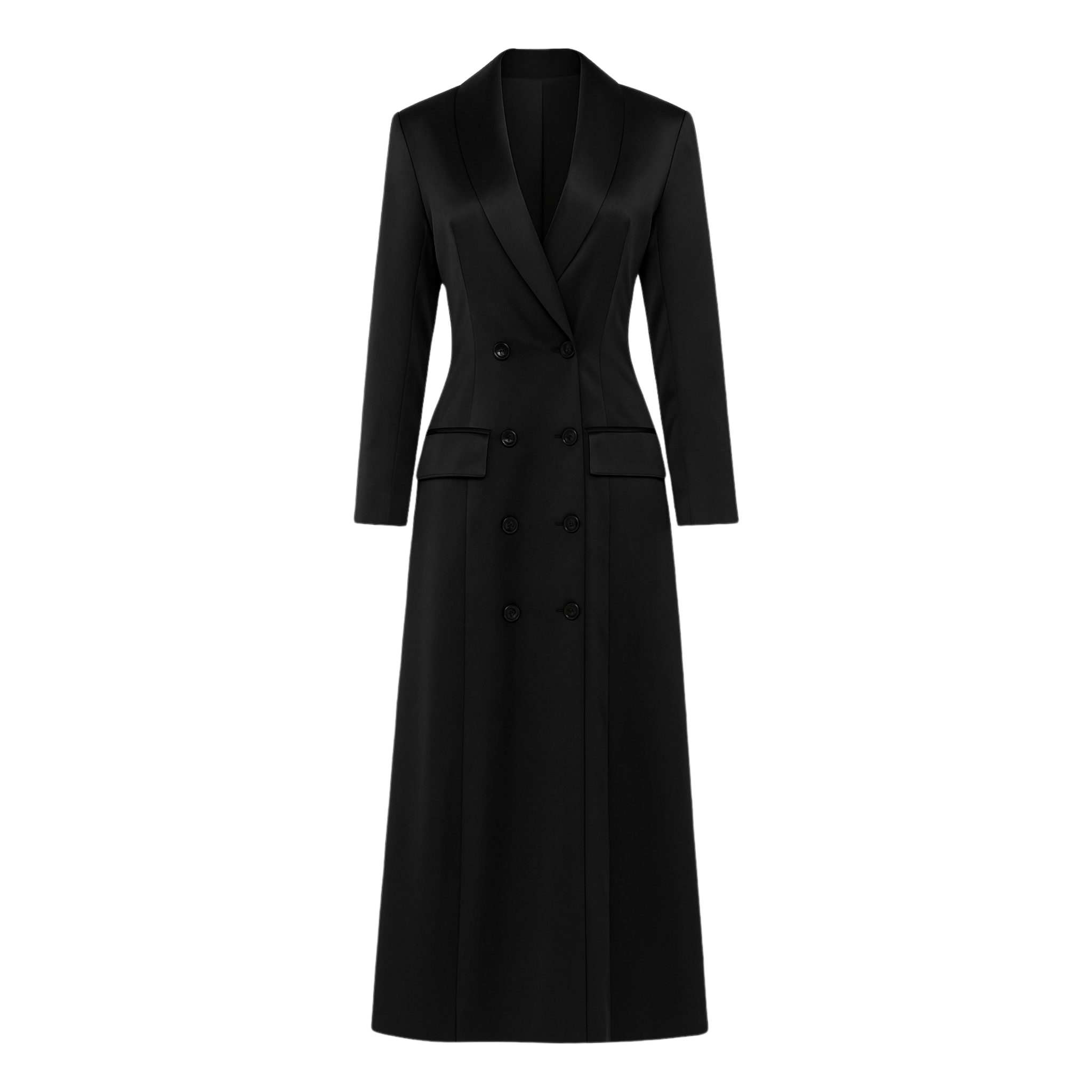Tailory black satin double-breasted blazer dress front view