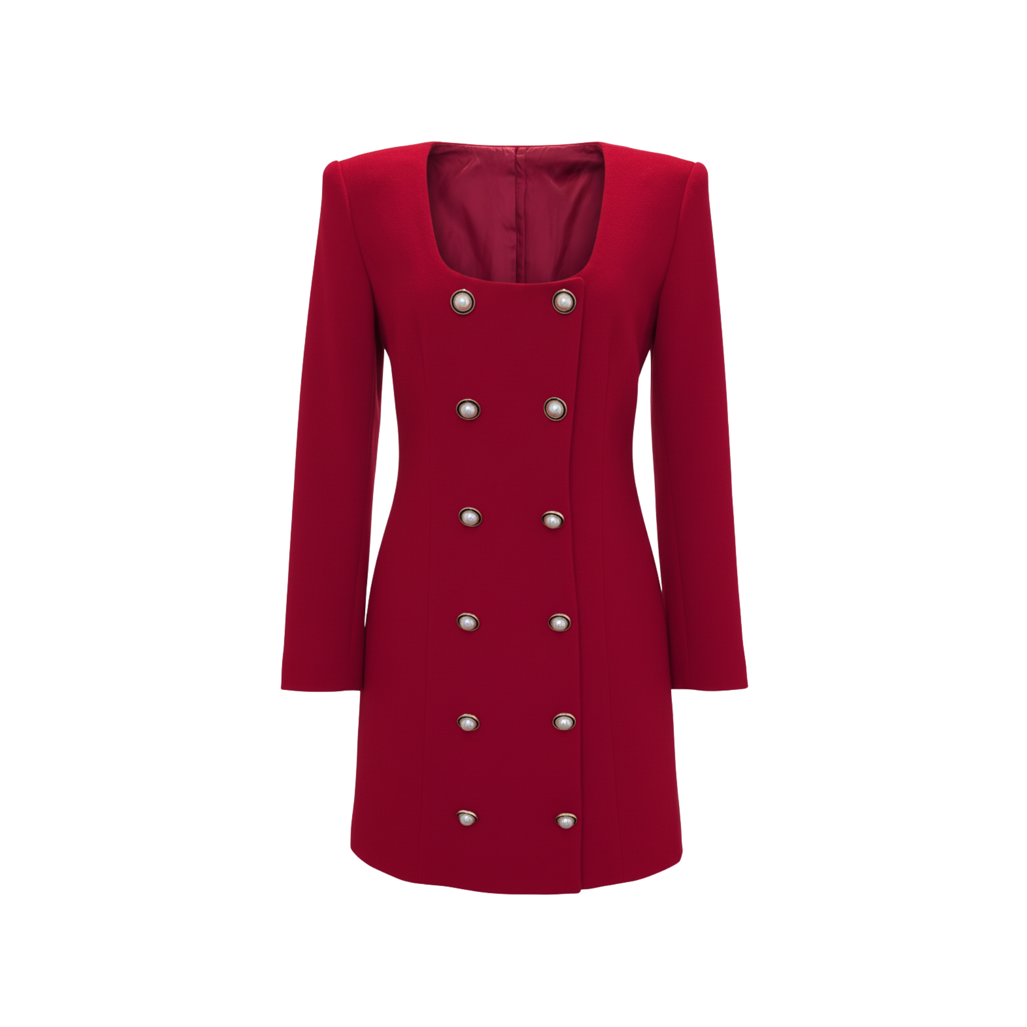 Tailory crimson double-breasted blazer dress with square neckline front view