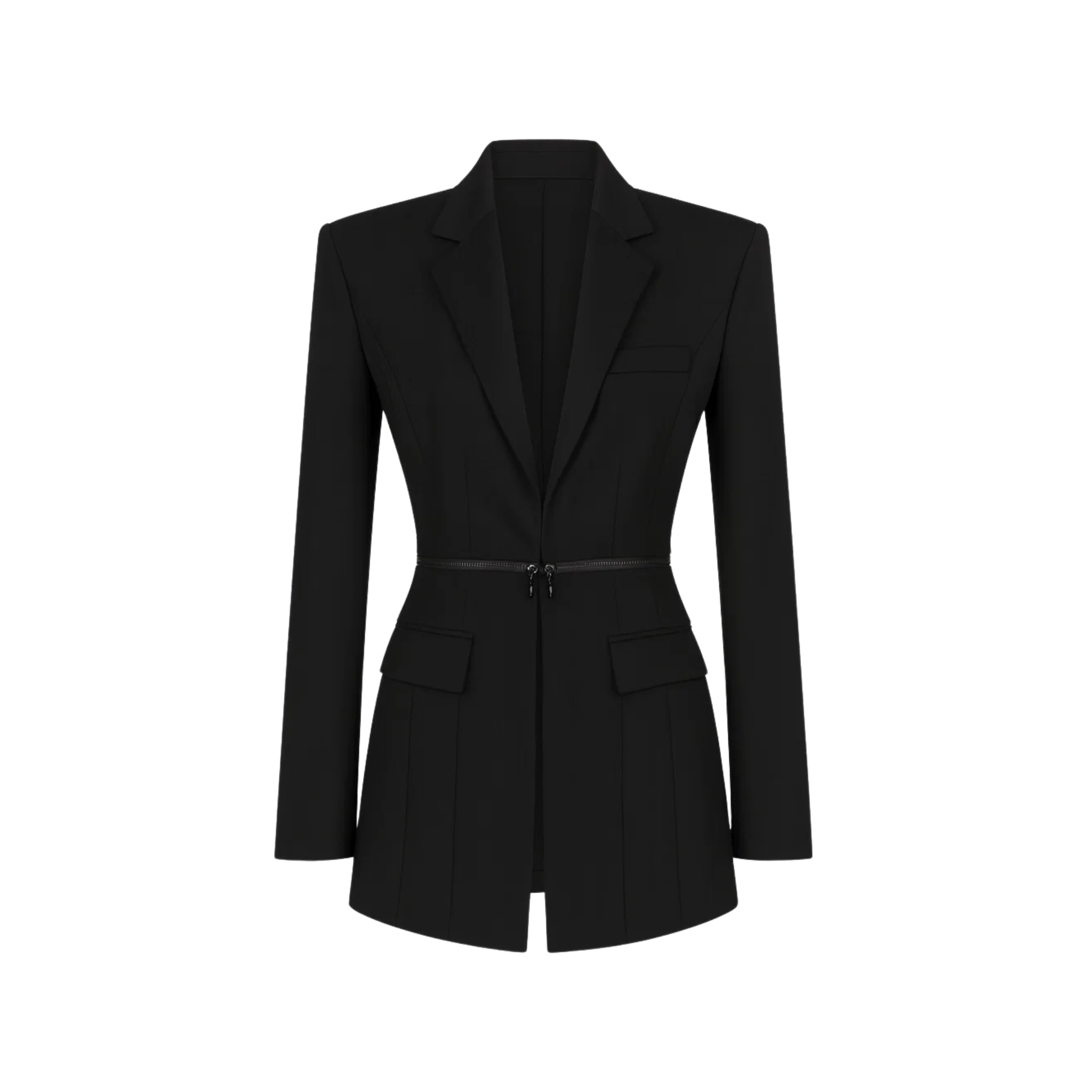 Tailory black belted blazer with peak lapels front view