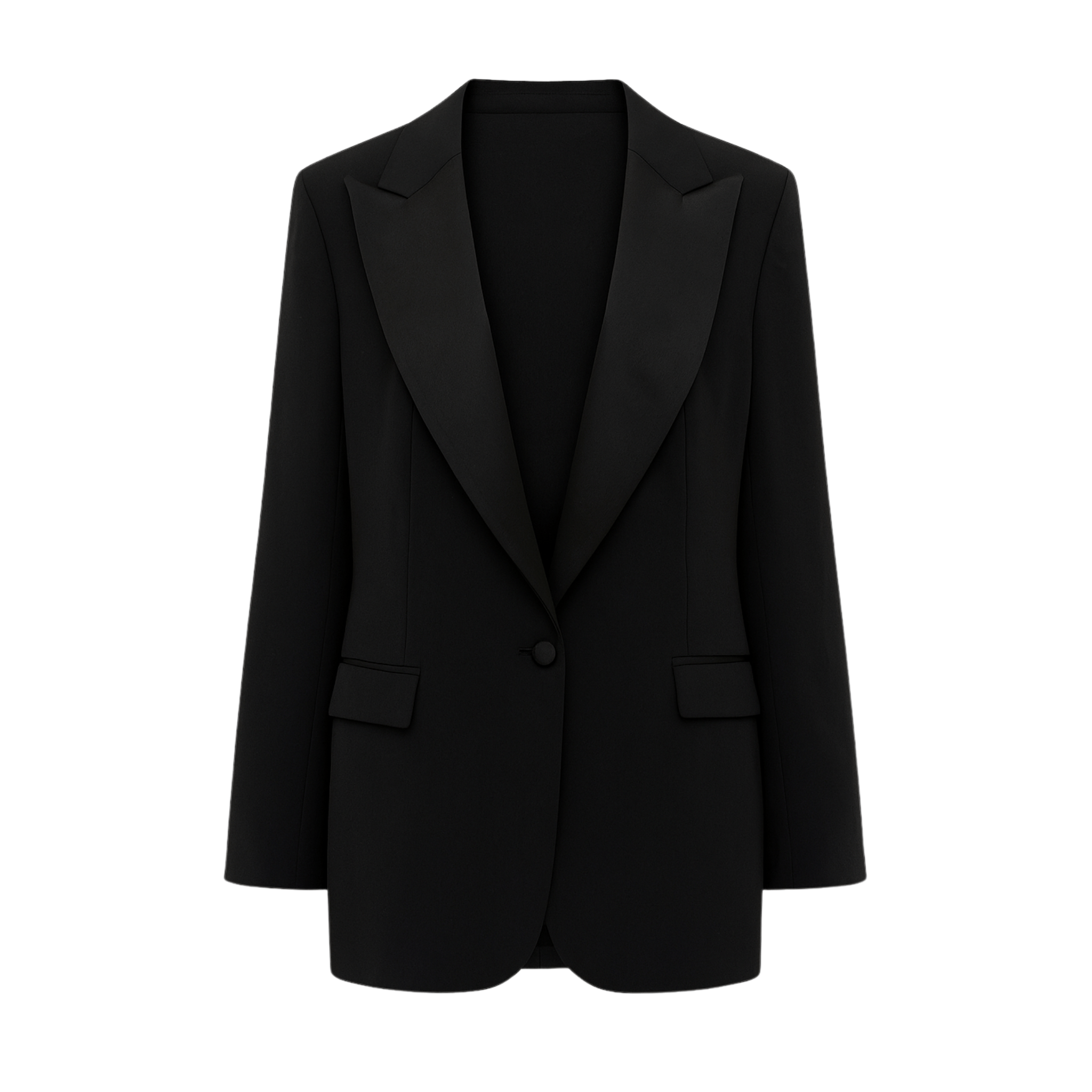 Tailory black oversized tuxedo blazer with exaggerated peak lapels front view