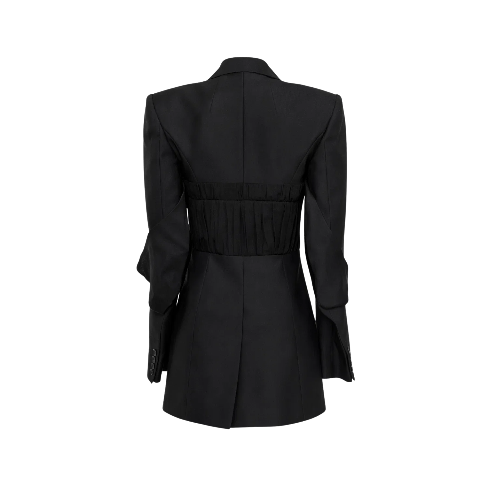 Tailory black structured blazer with gathered sleeve detail back view