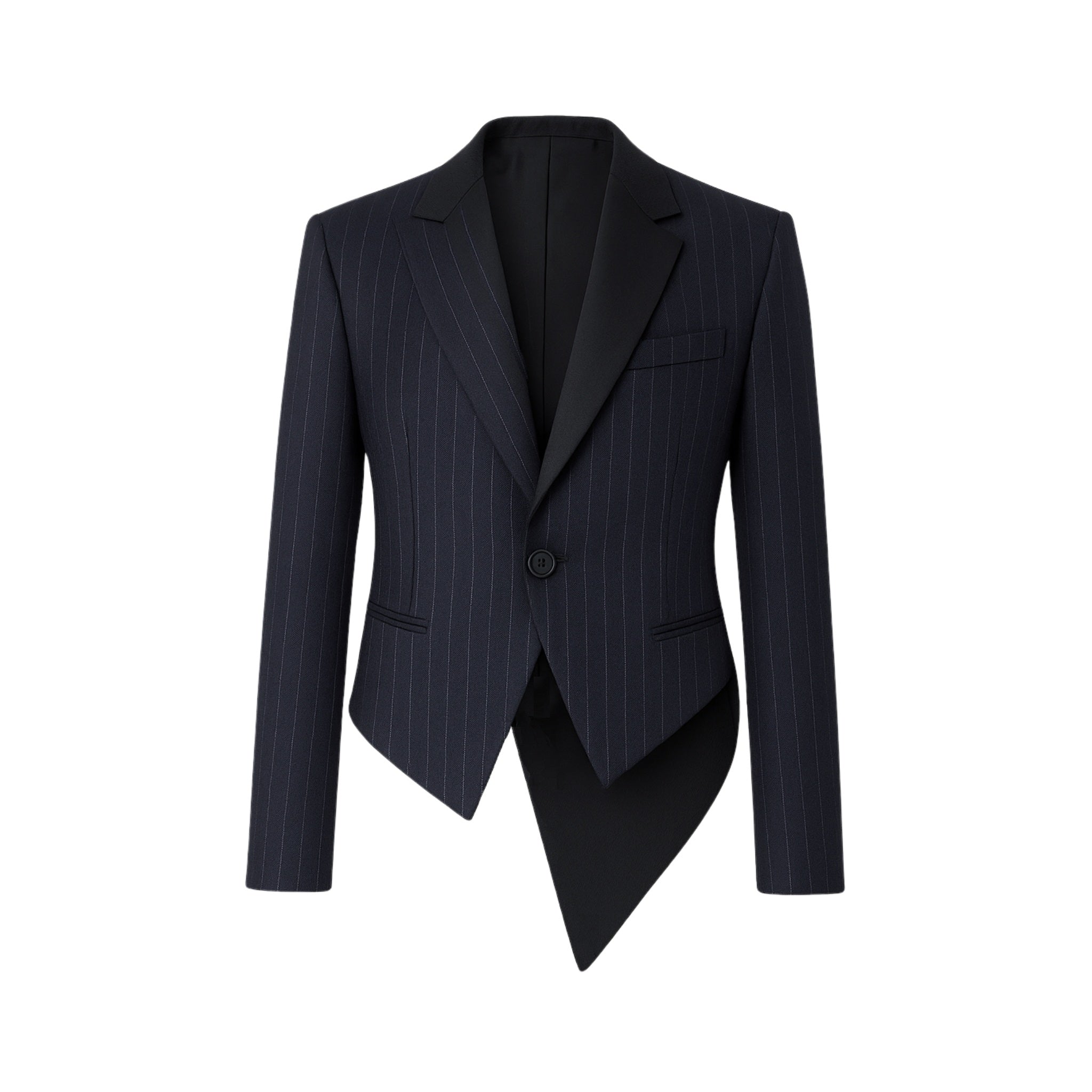 Tailory black pinstripe cropped blazer with peak lapel front view