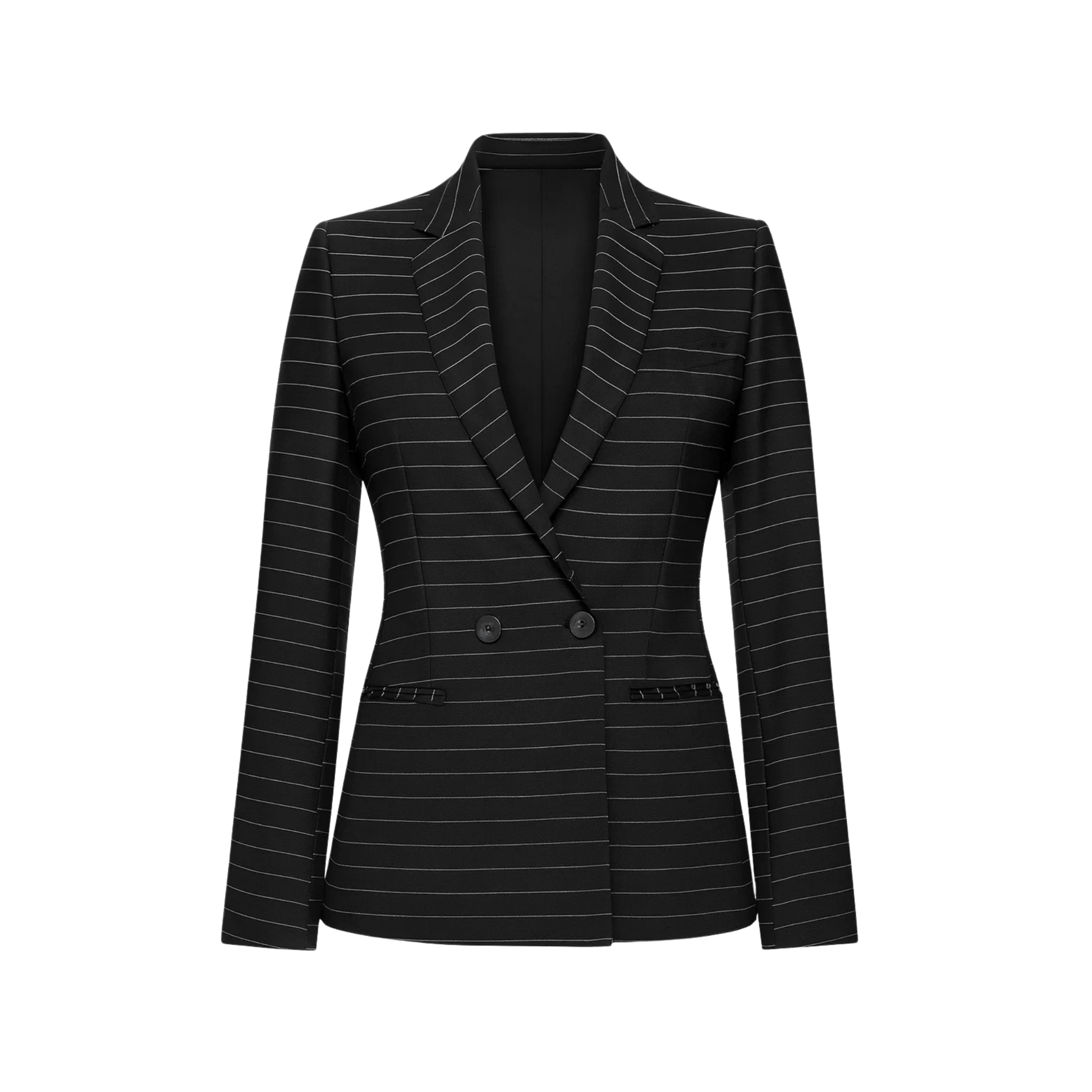 Tailory black pinstriped double-breasted blazer front view