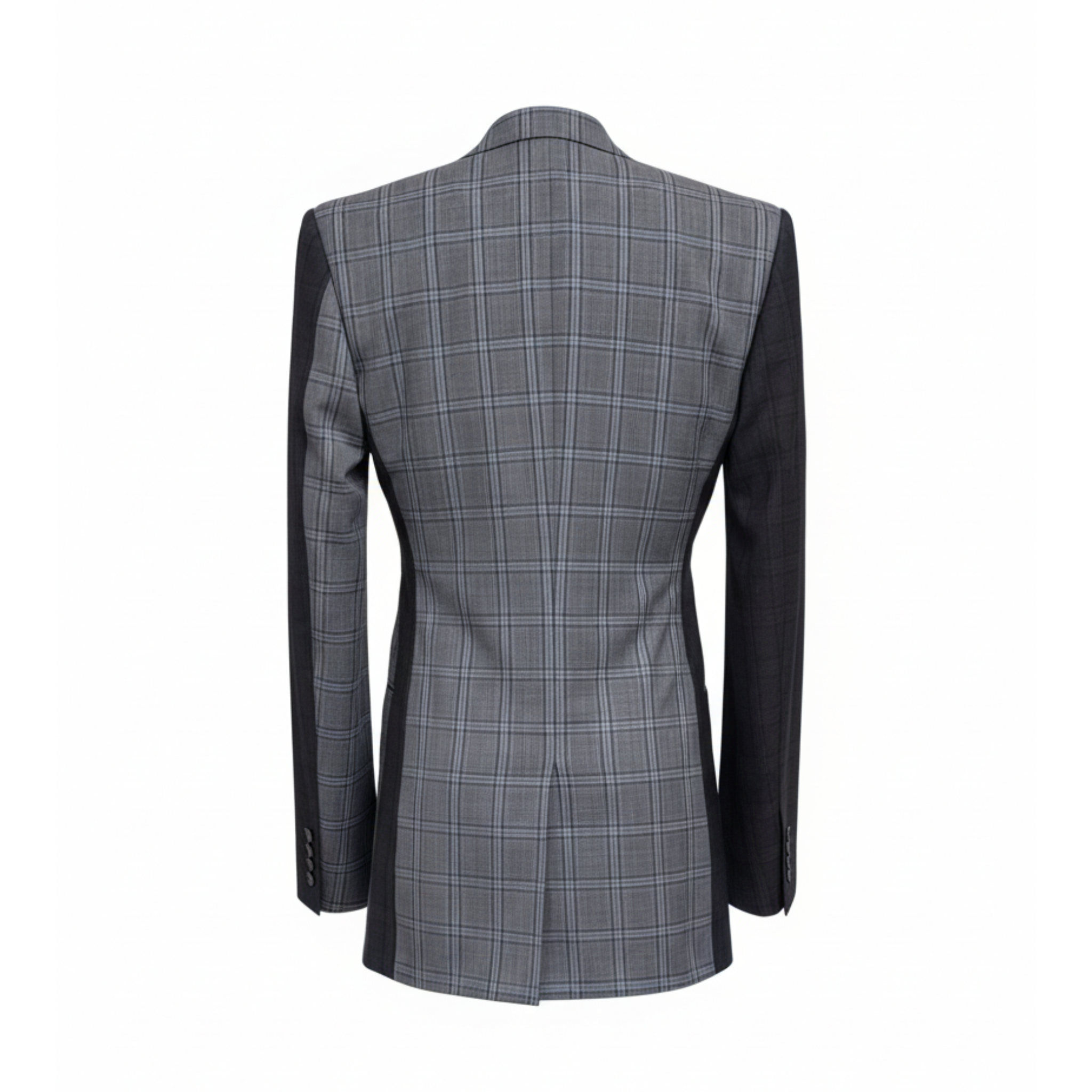 Tailory gray Glen plaid double-breasted peak-lapel blazer back view