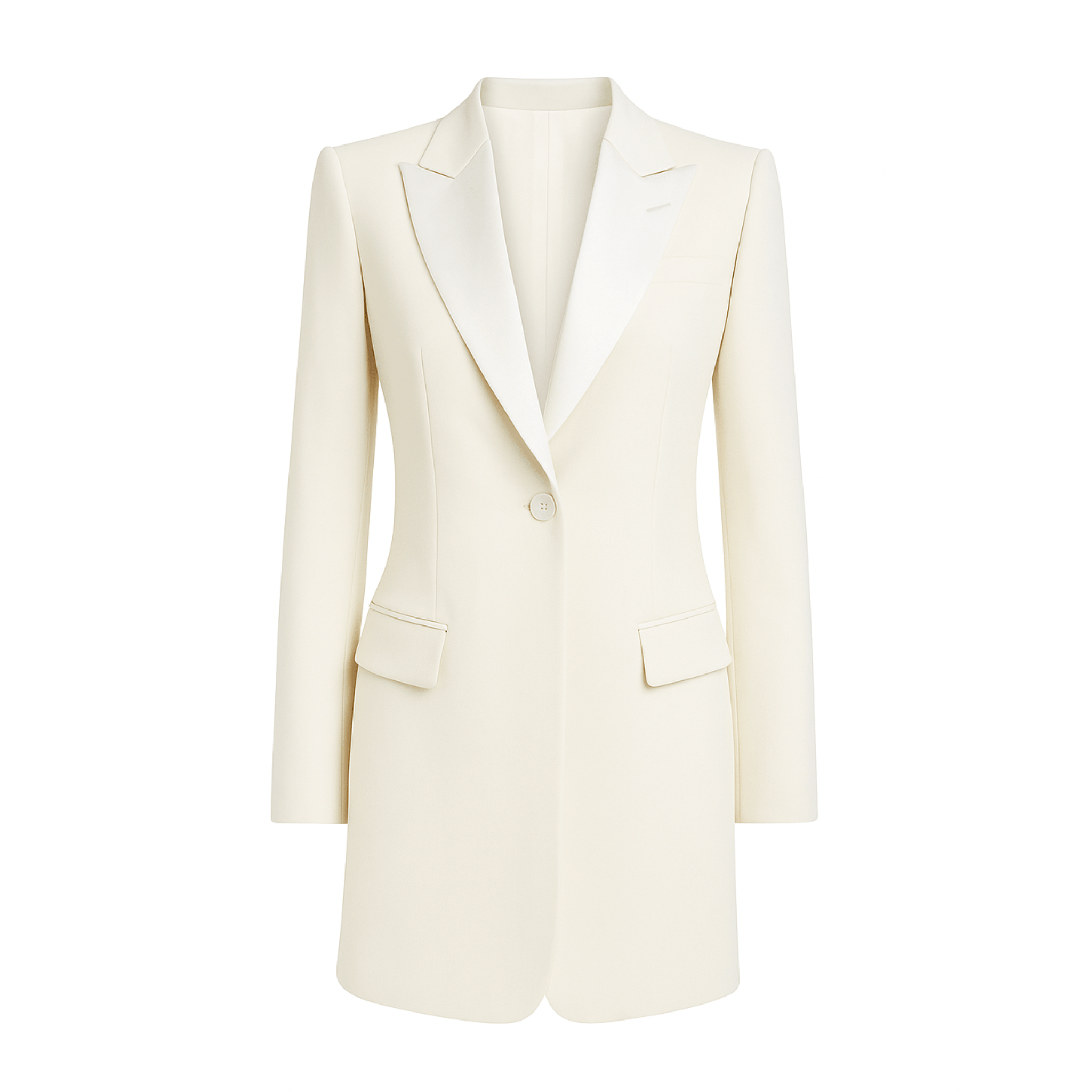 Tailory ivory longline blazer with satin lapels front view