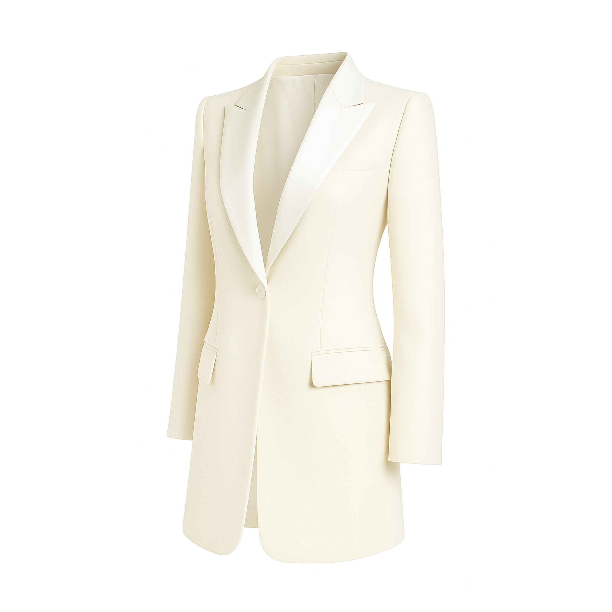 Tailory ivory longline blazer with satin lapels side view