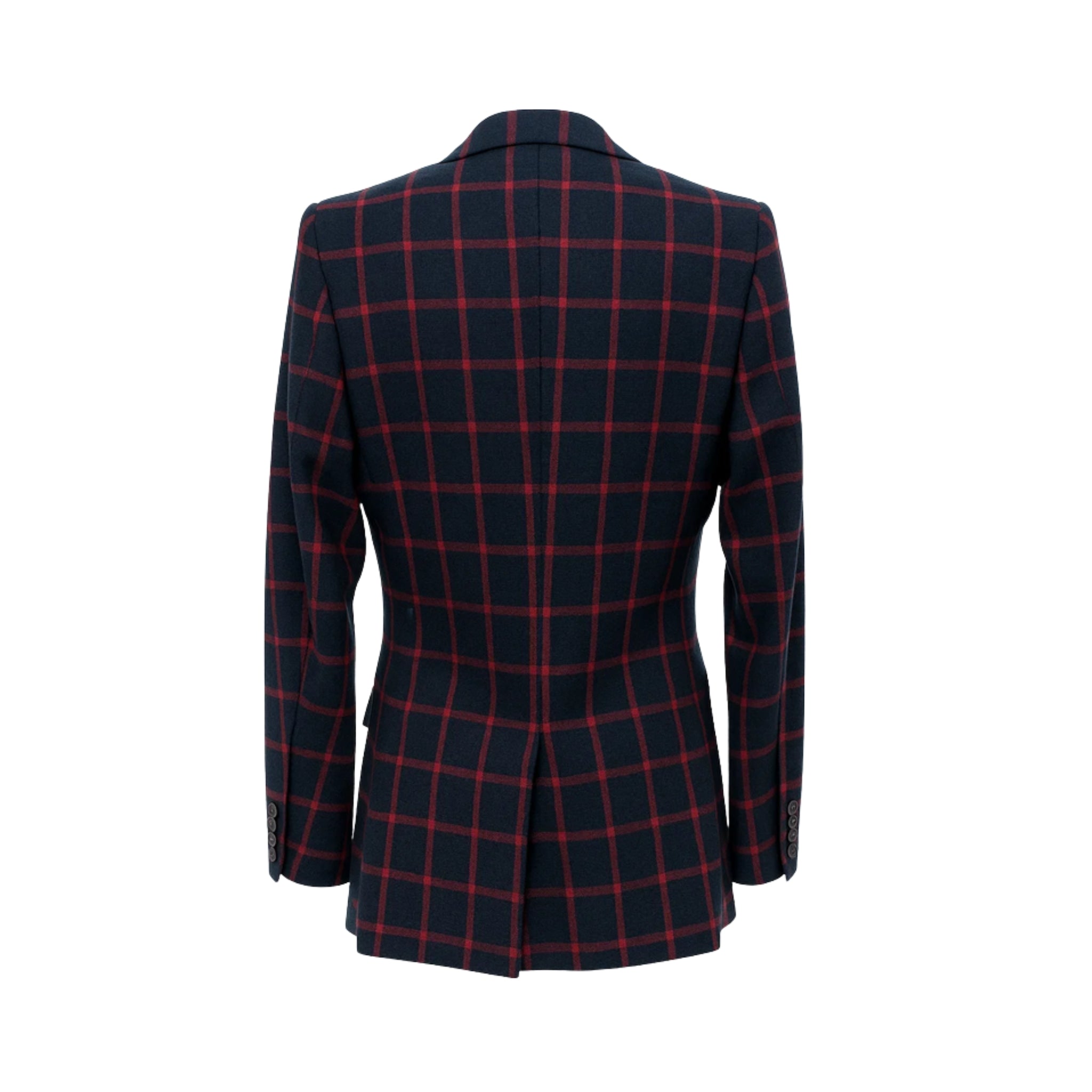 Tailory navy/red windowpane double-breasted peak-lapel blazer back view