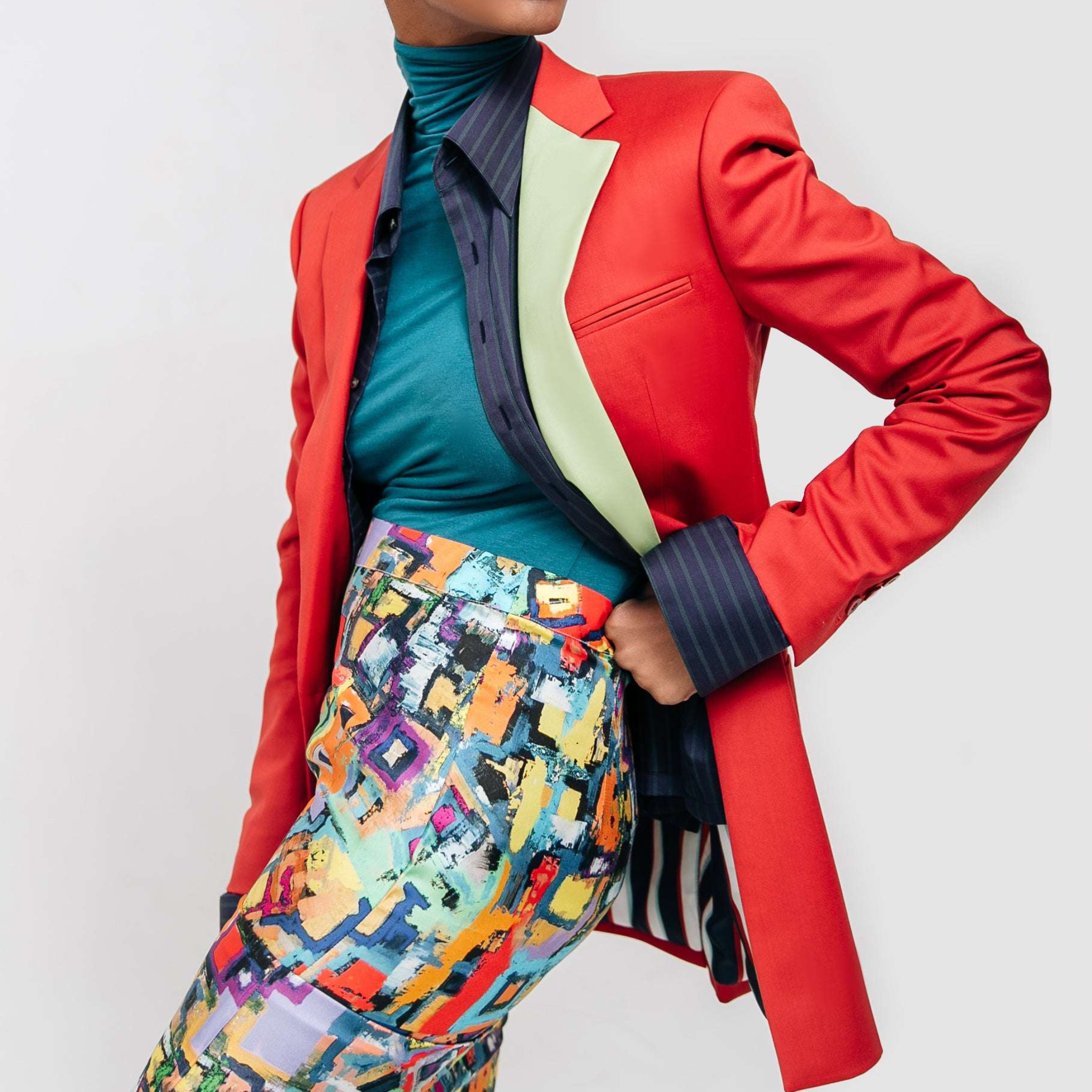 Tailory ruby red contrast lapel blazer on model standing