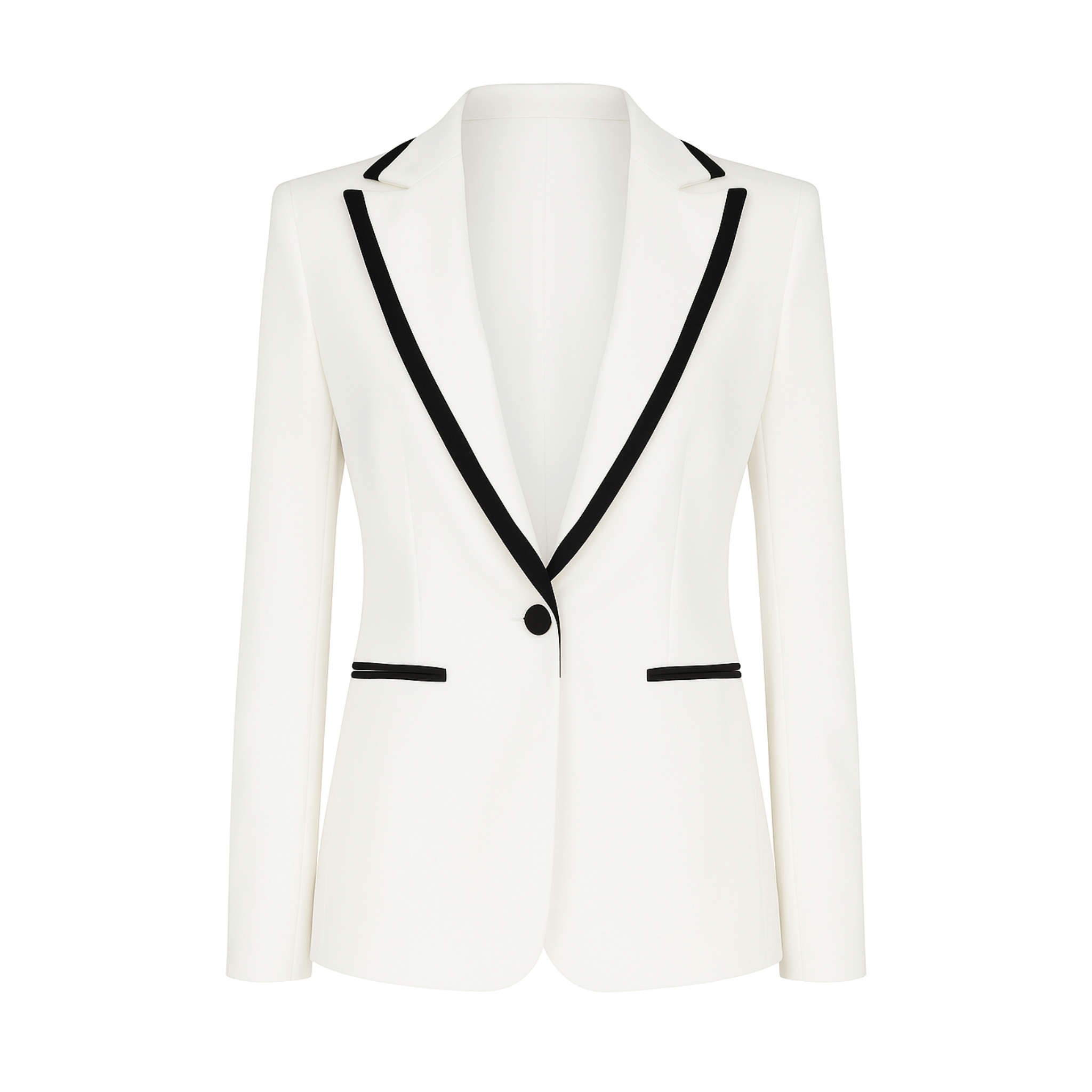 Tailory white tuxedo blazer with black piping front view