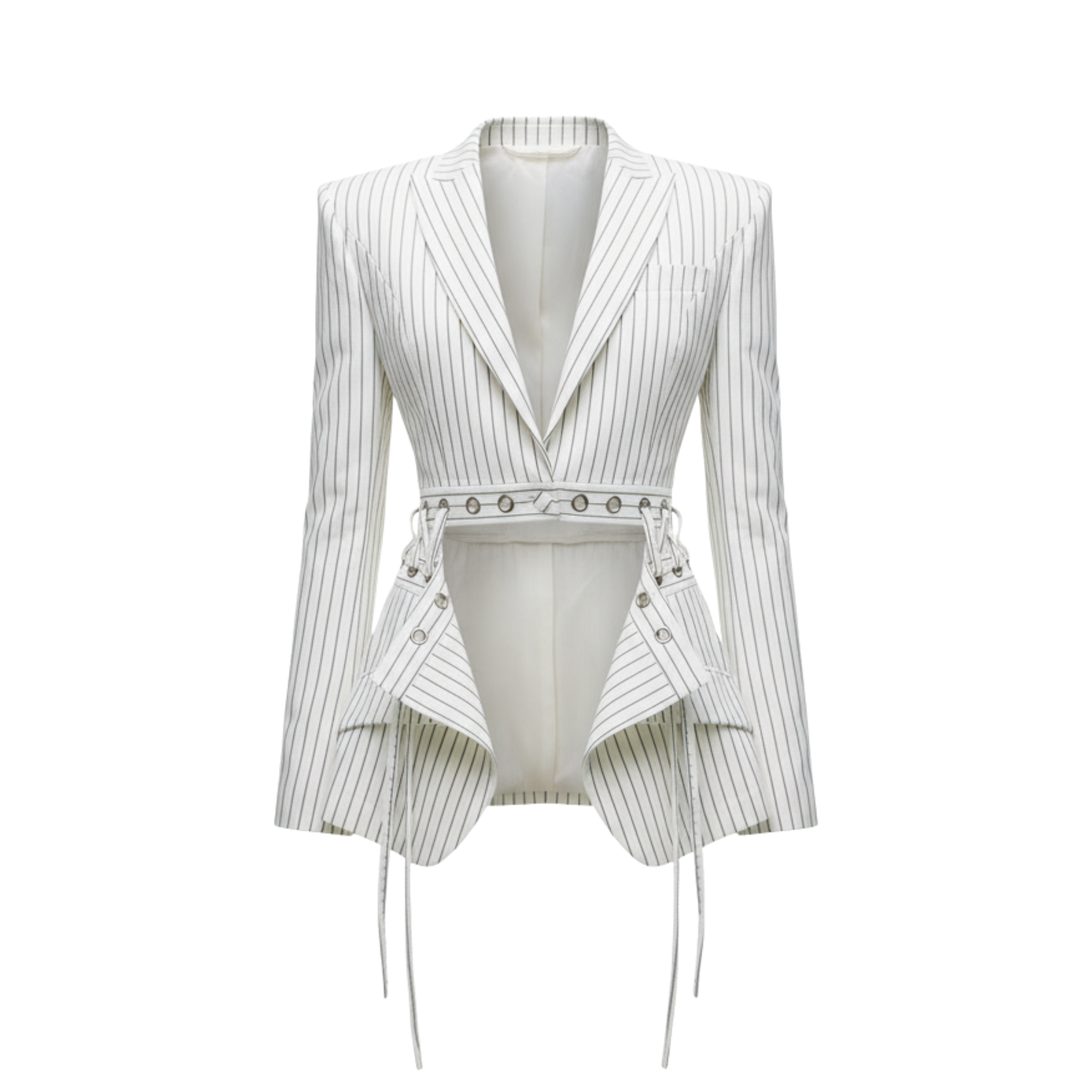 Tailory white pinstripe deconstructed blazer front view
