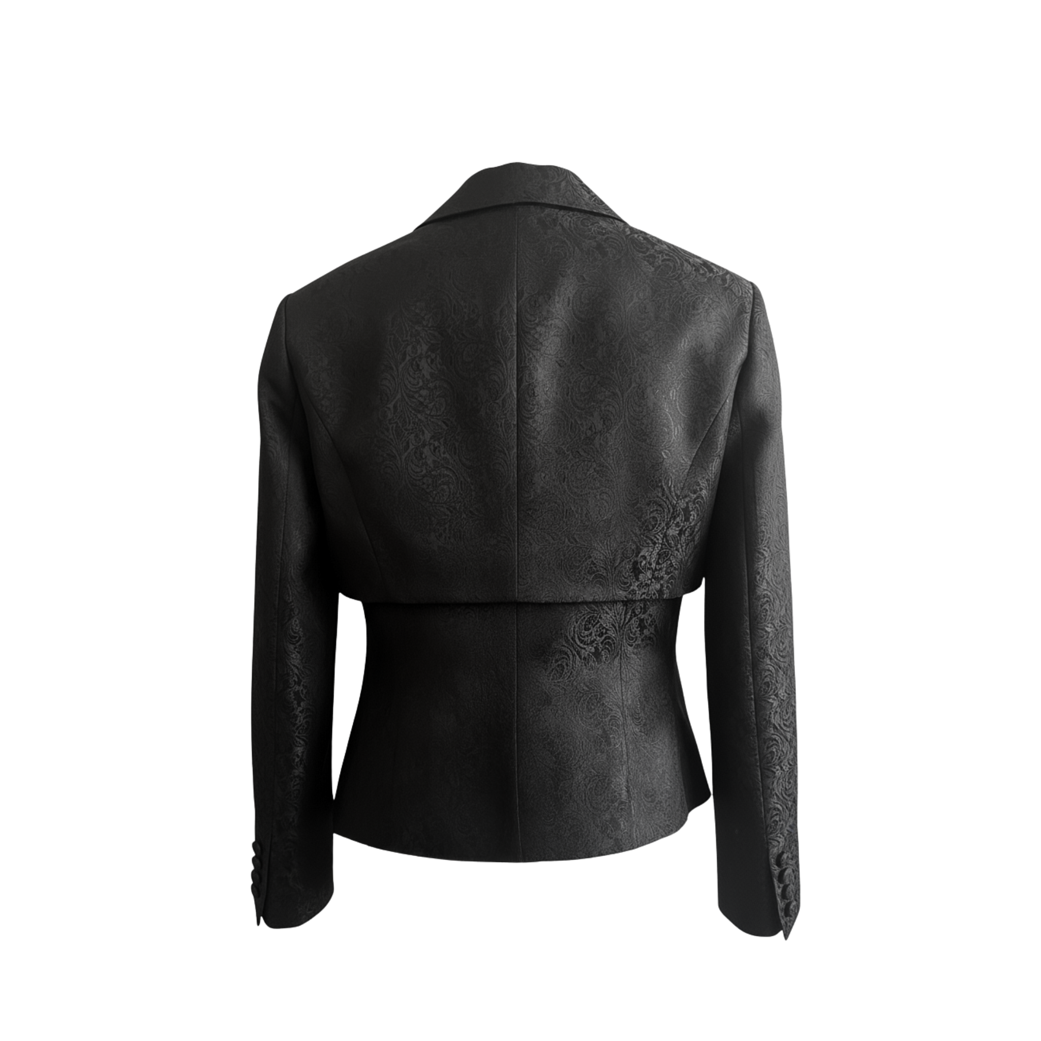 Back view of black floral brocade cropped jacket with structured bodice