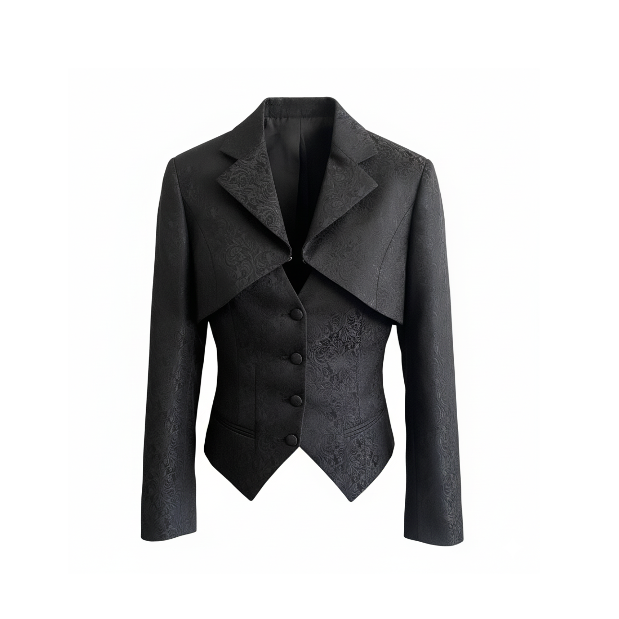 Front view of black floral brocade cropped jacket with peak lapels and sculpted waist