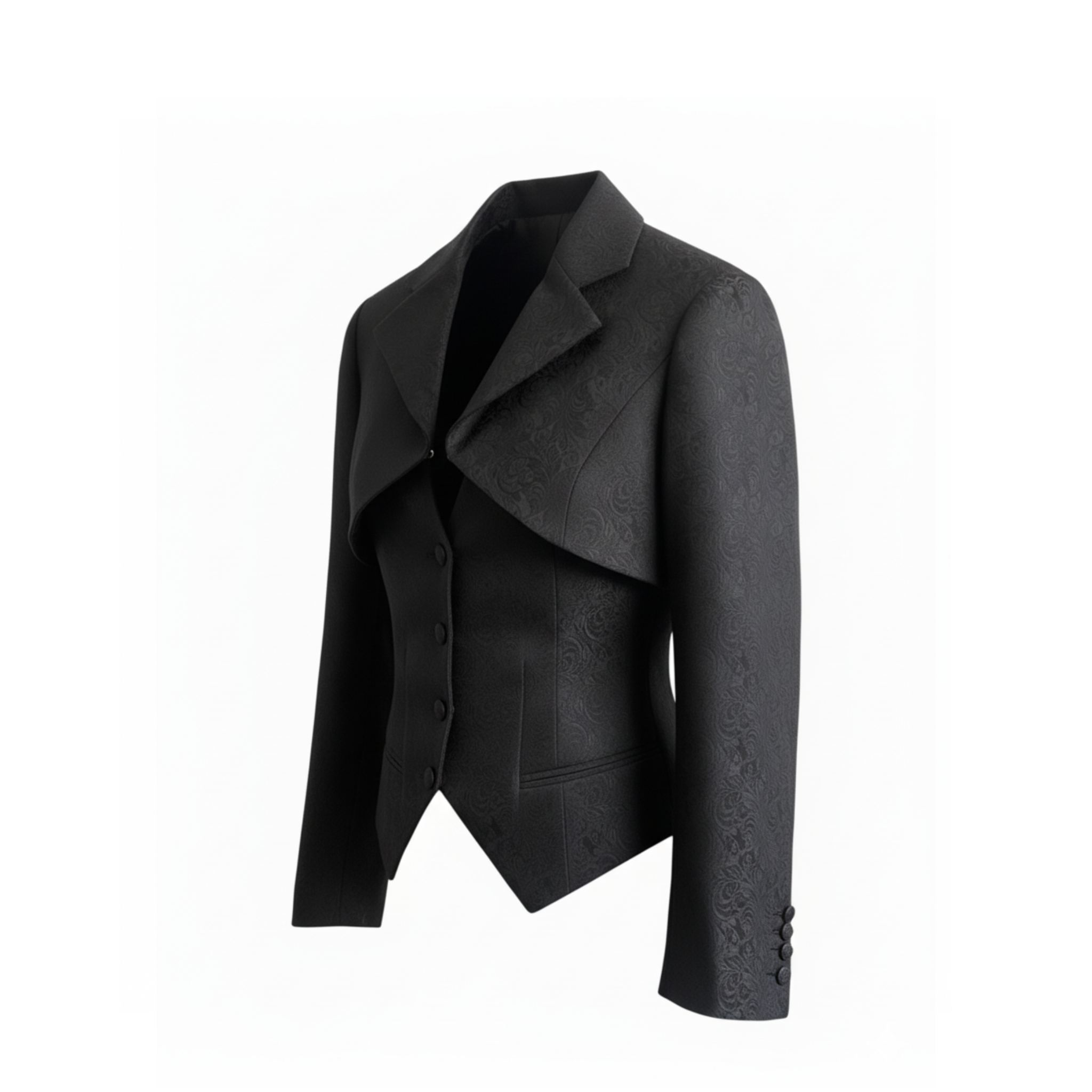 Side view of black floral brocade cropped jacket showing contoured seaming