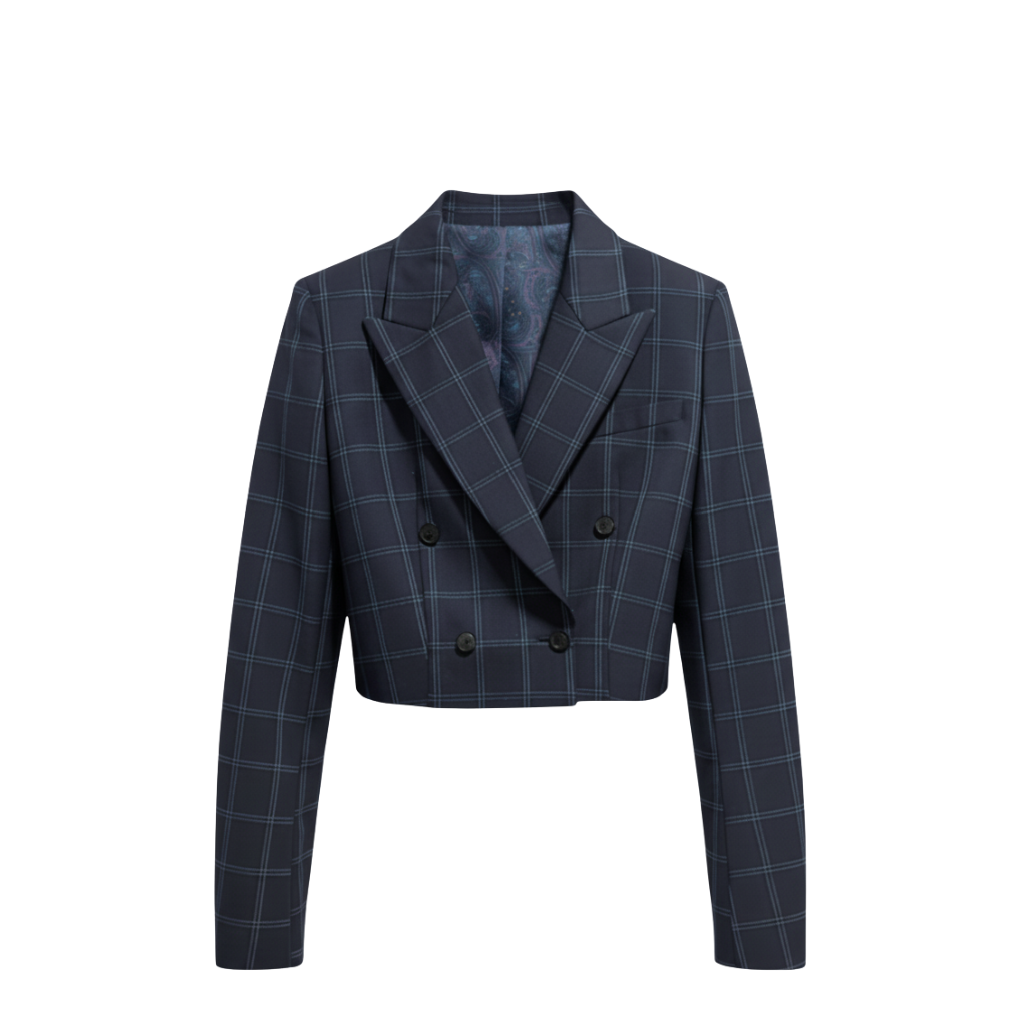 Tailory navy windowpane cropped double-breasted jacket with peak lapels front view