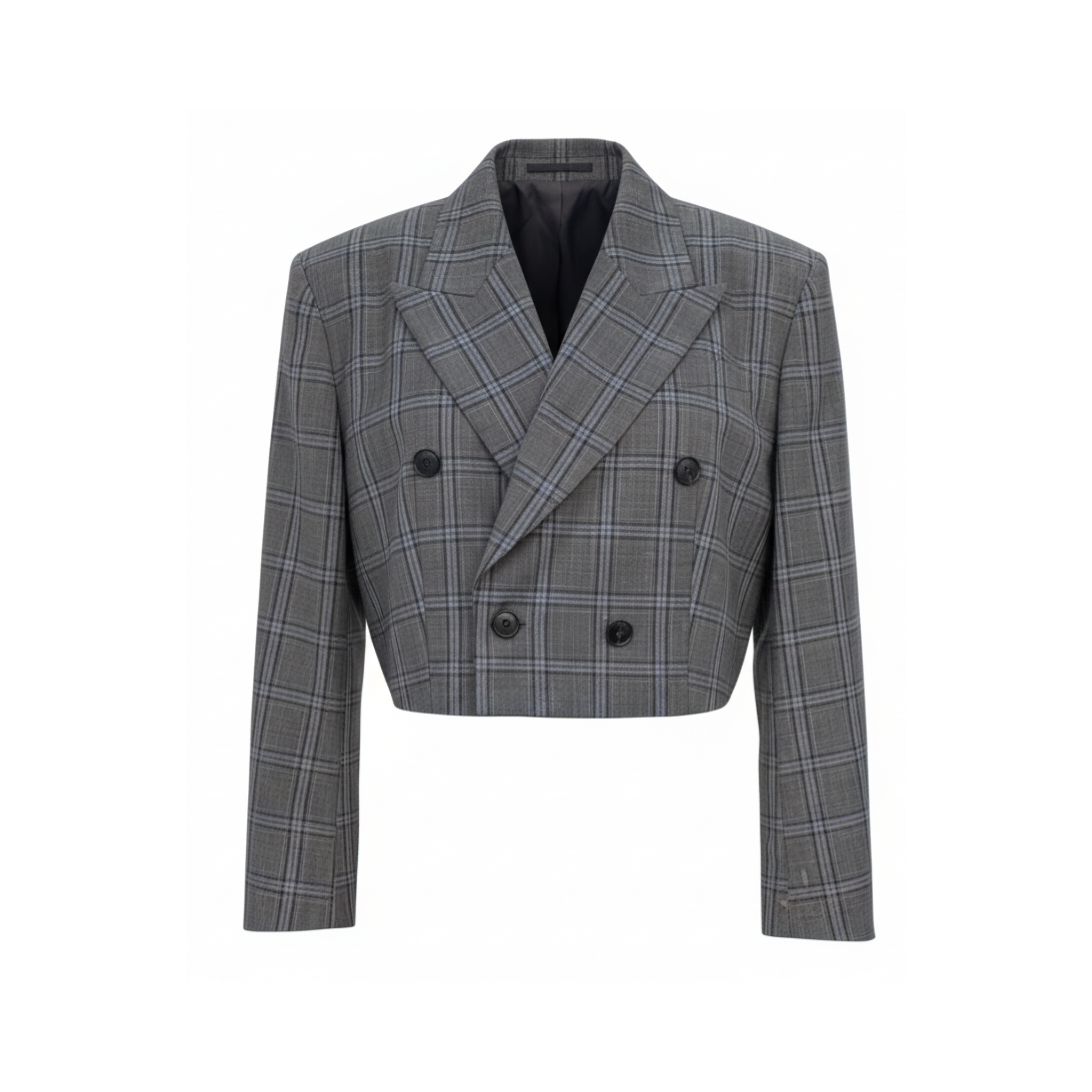 Tailory grey glen plaid cropped double-breasted blazer with peak lapels front view