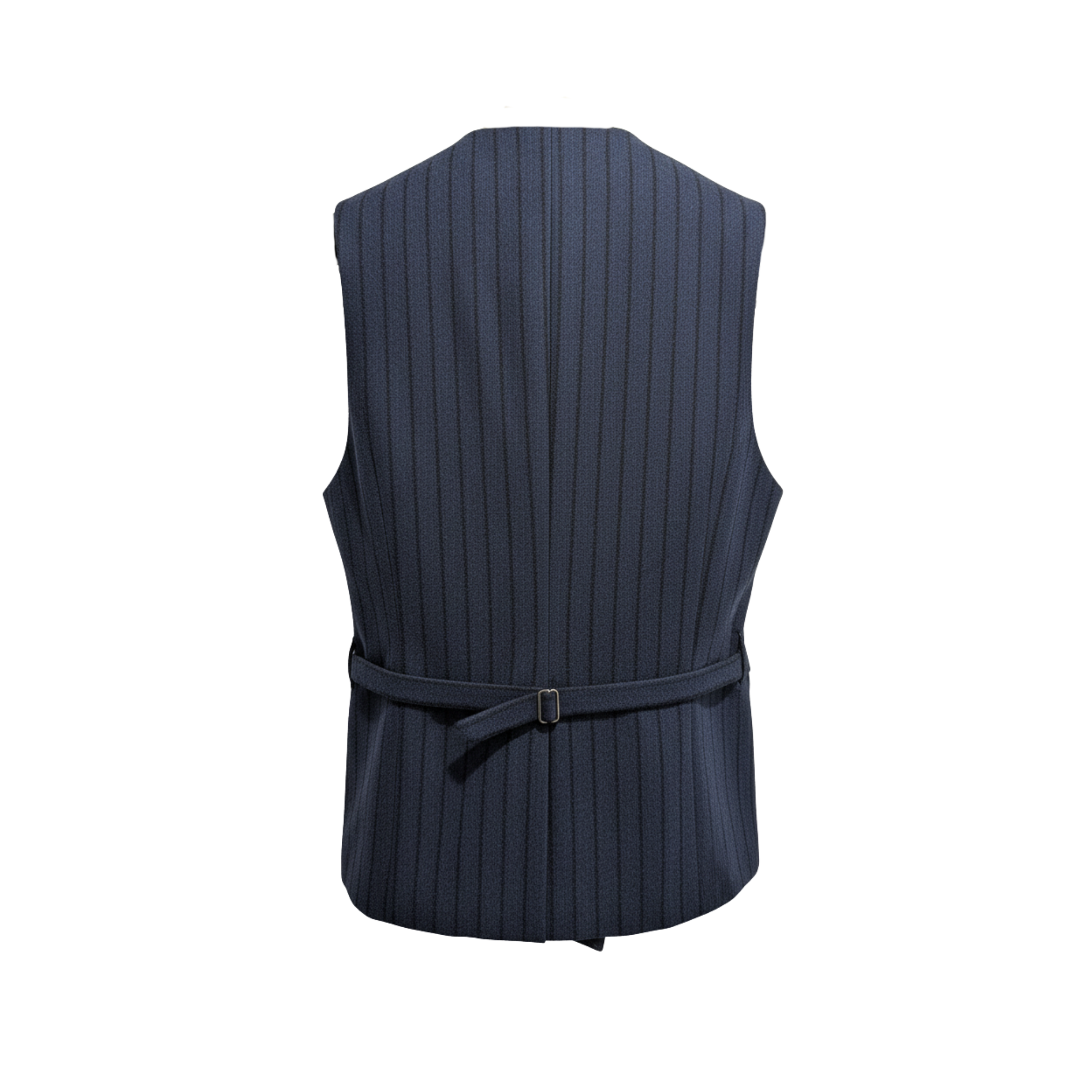 Tailory navy pinstripe double-breasted vest with adjustable back belt back view
