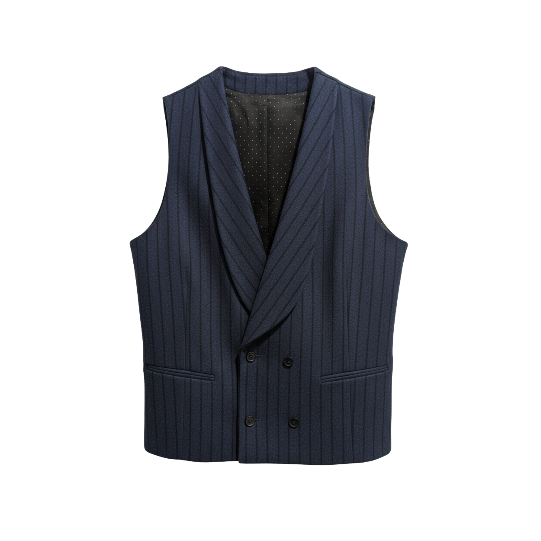Tailory navy pinstripe double-breasted vest with shawl lapels front view