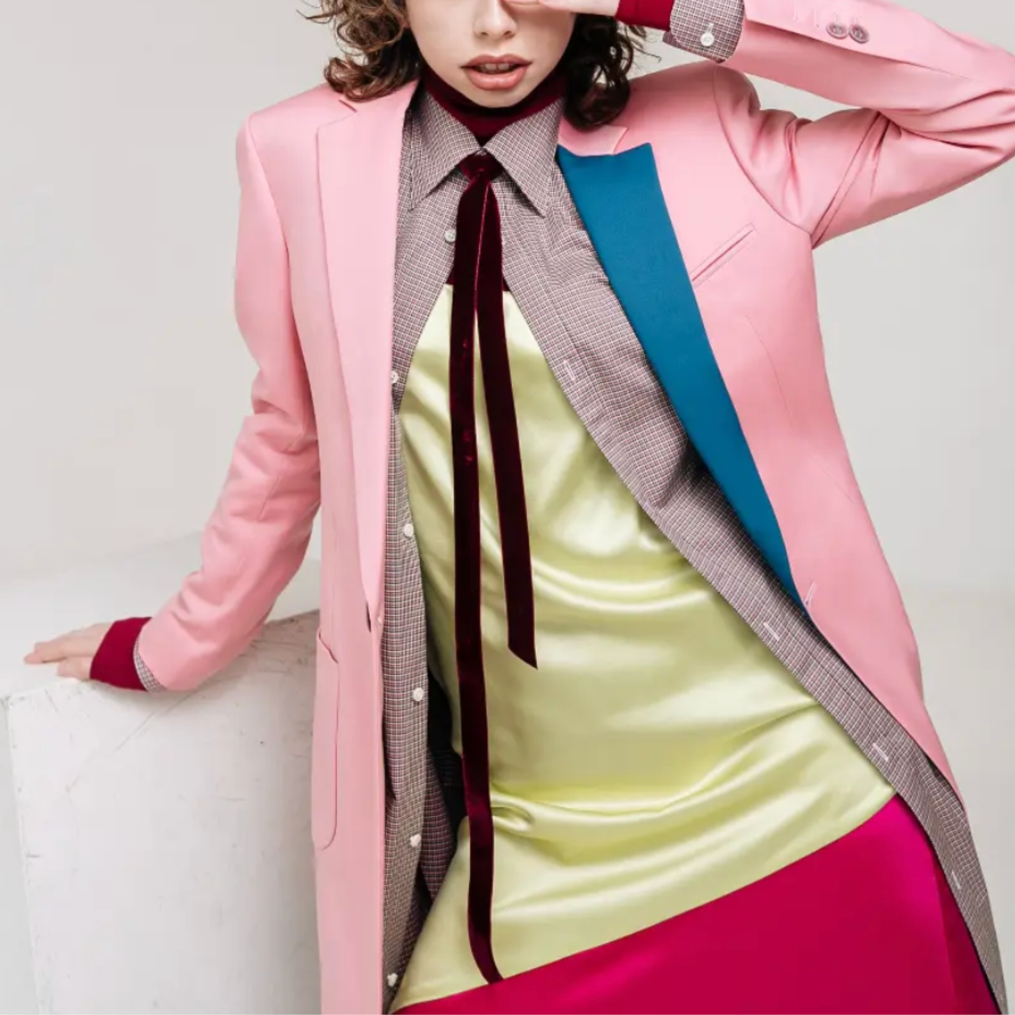 Tailory asymmetrical silk slip dress shown on model