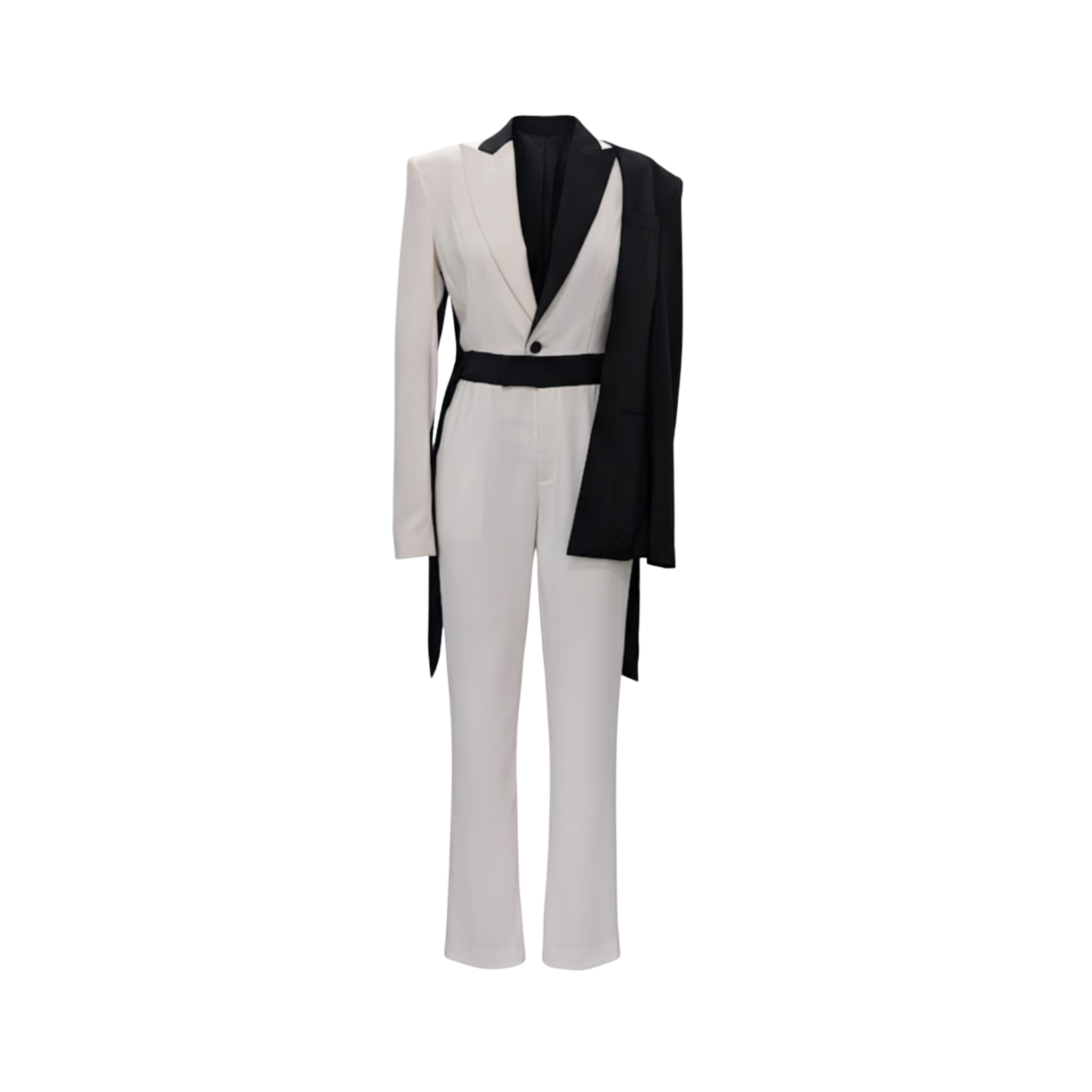 Tailory black and white asymmetric colorblock belted jumpsuit front view