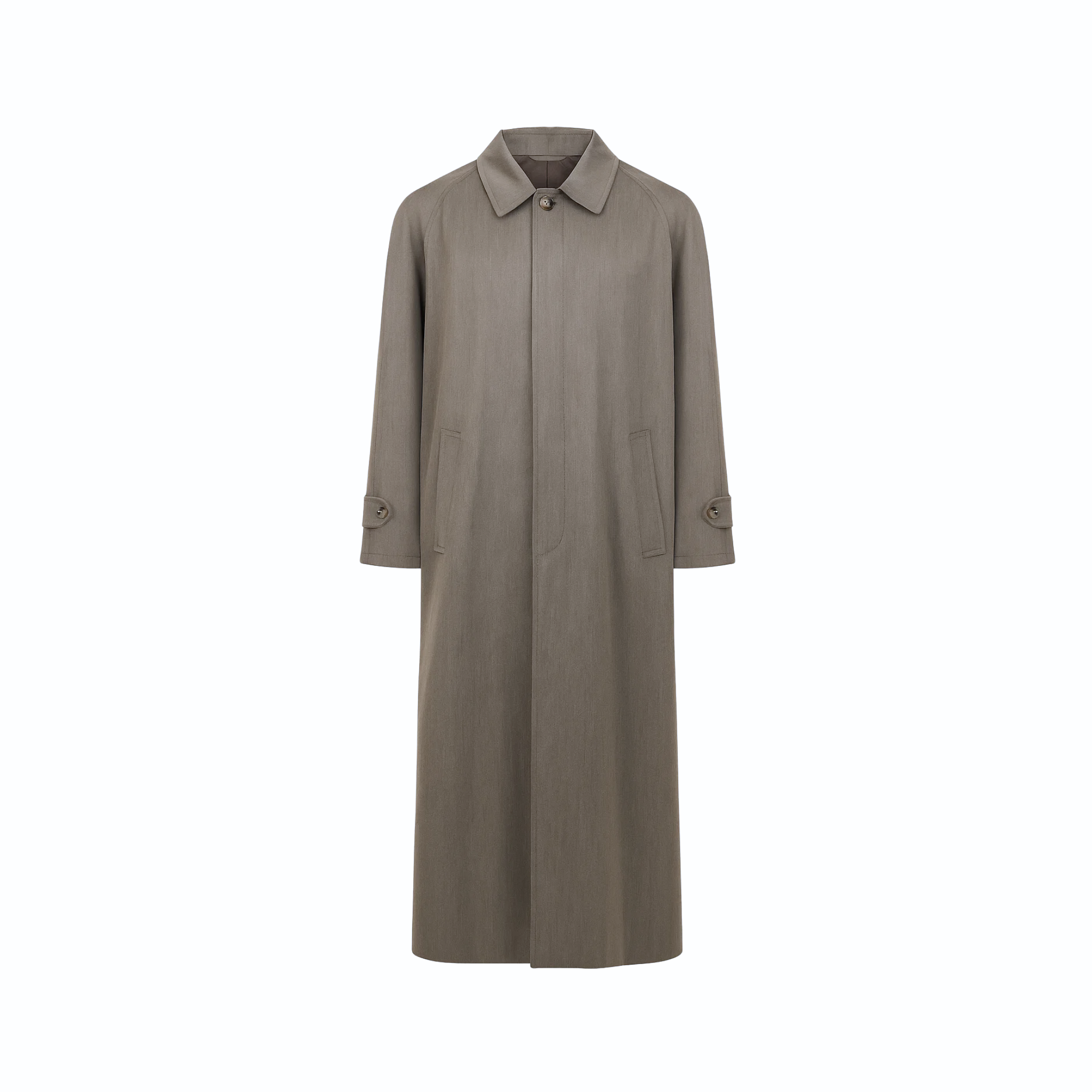 Tailory taupe-grey full-length overcoat with concealed button placket front view