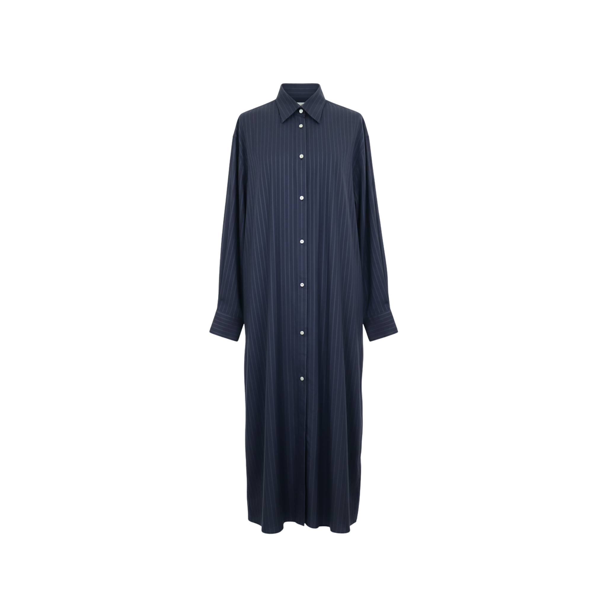 Front view of Tailory navy pinstripe maxi shirt-dress with collared neckline