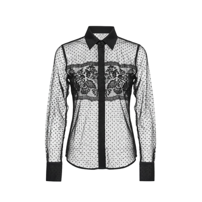 Tailory black silk tulle lace panel shirt front view