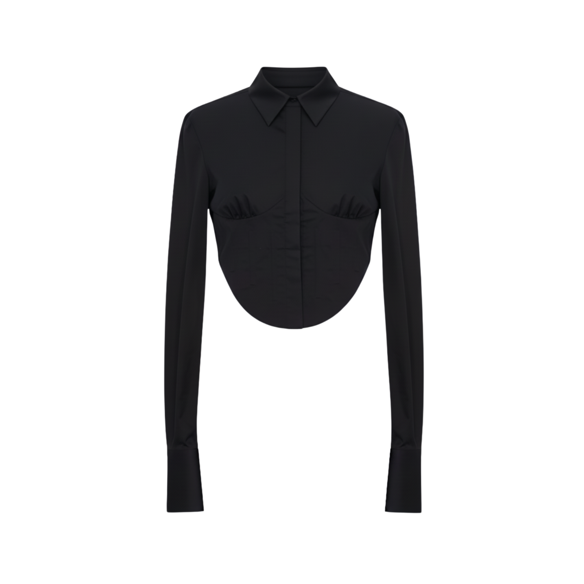Tailory black cropped tailored shirt with curved hem and concealed placket front view