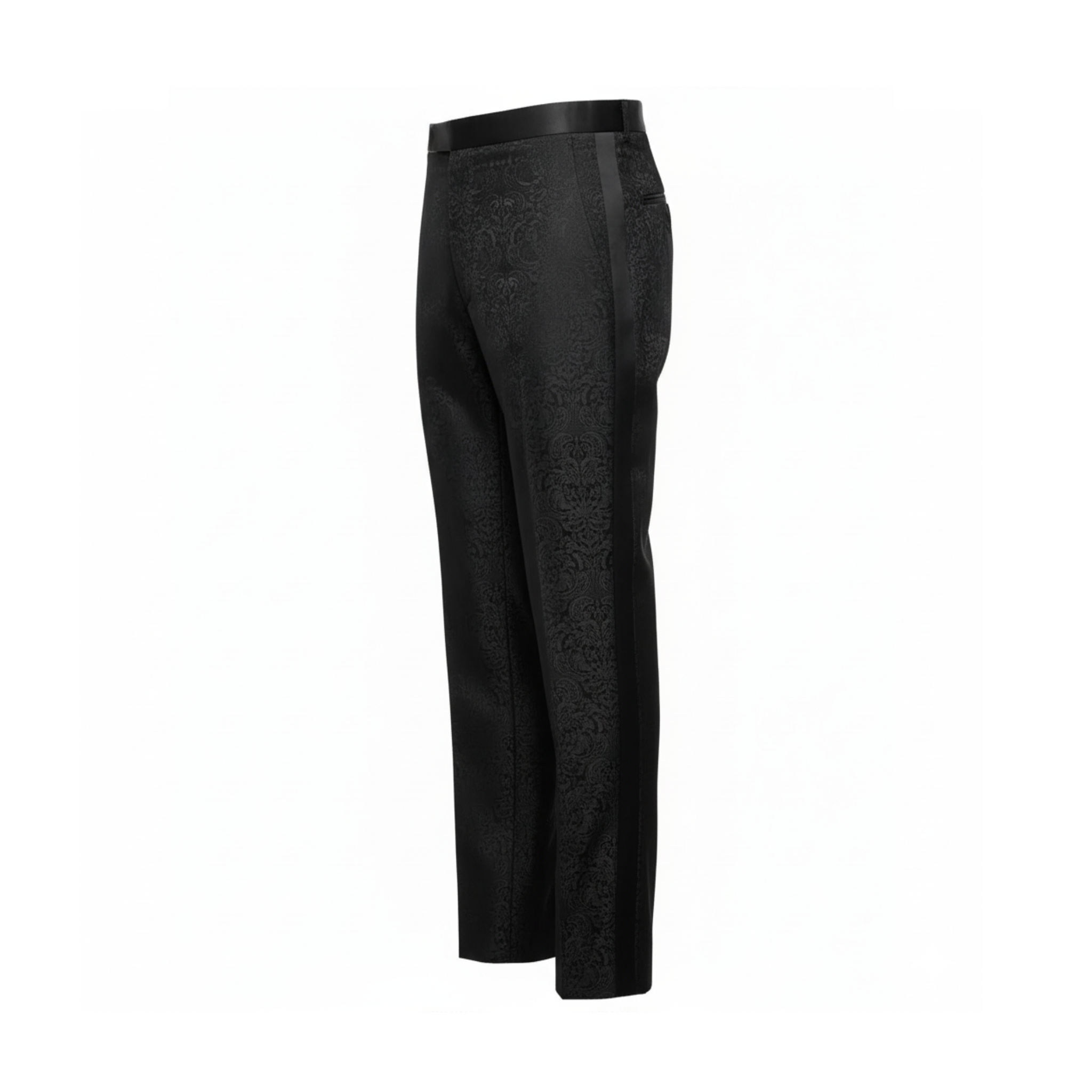 Tailory black brocade tailored trouser side view showing straight-leg cut