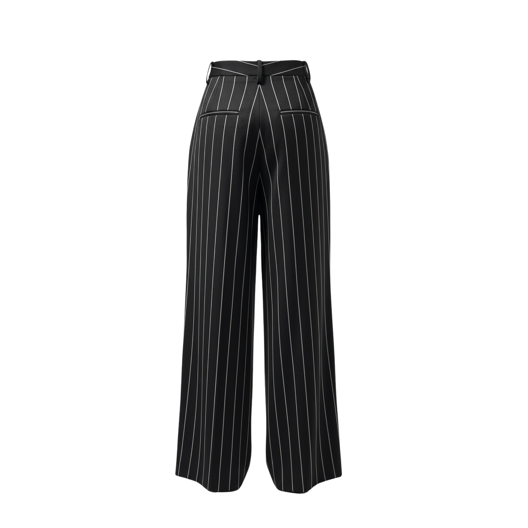 Tailory black pinstripe wide-leg trousers back view