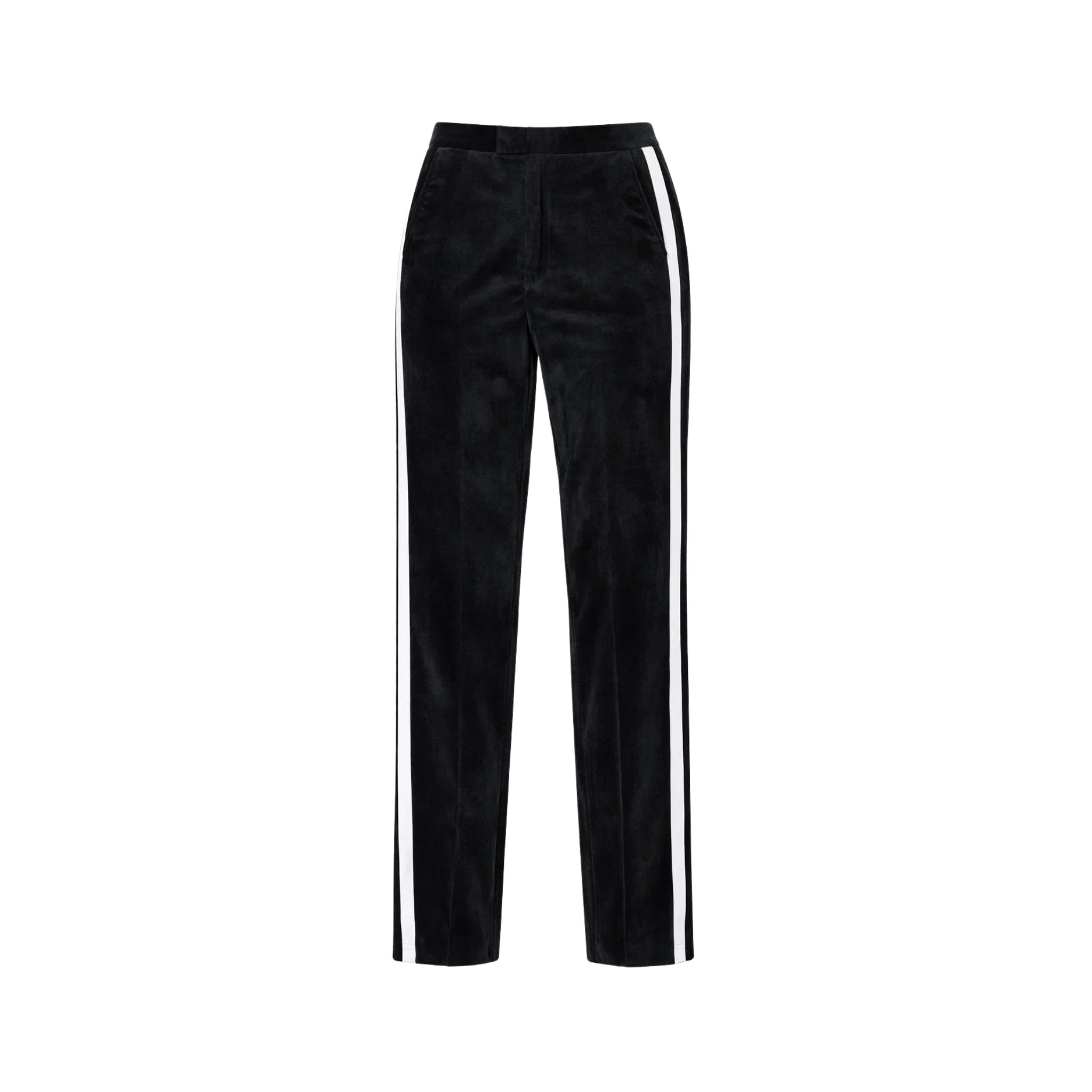 Tailory black velvet track trousers with contrast stripe front view