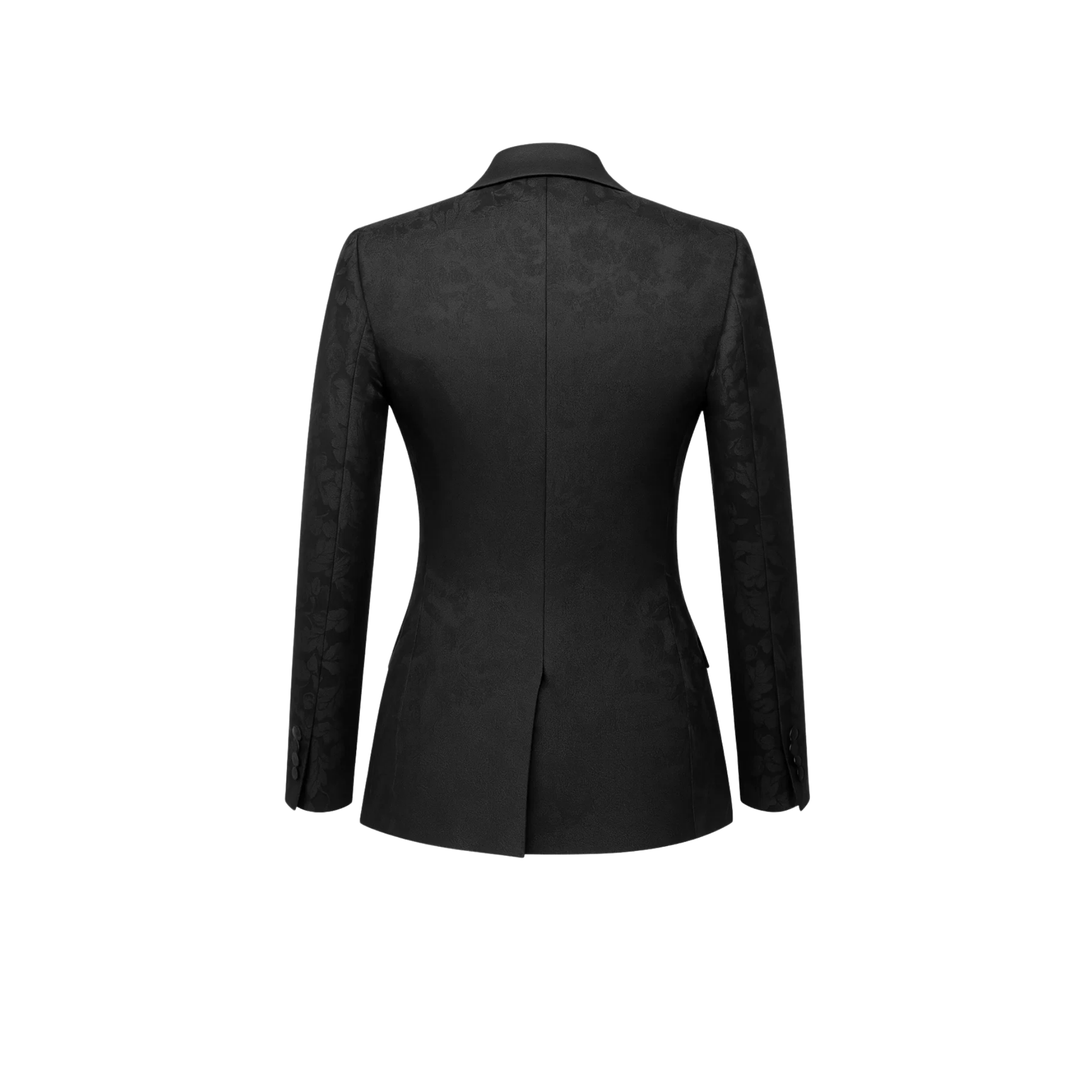 Tailory black satin shawl lapel tuxedo jacket back view