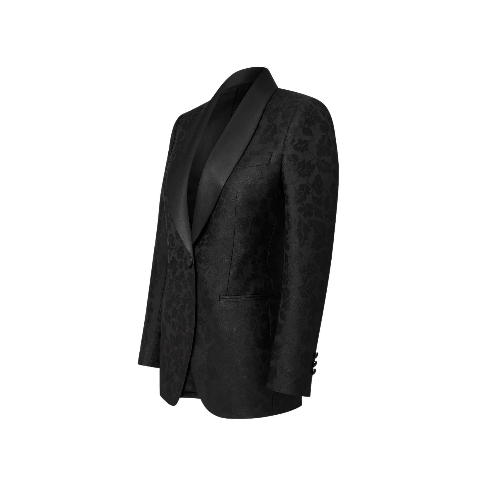 Tailory black satin shawl lapel tuxedo jacket side view
