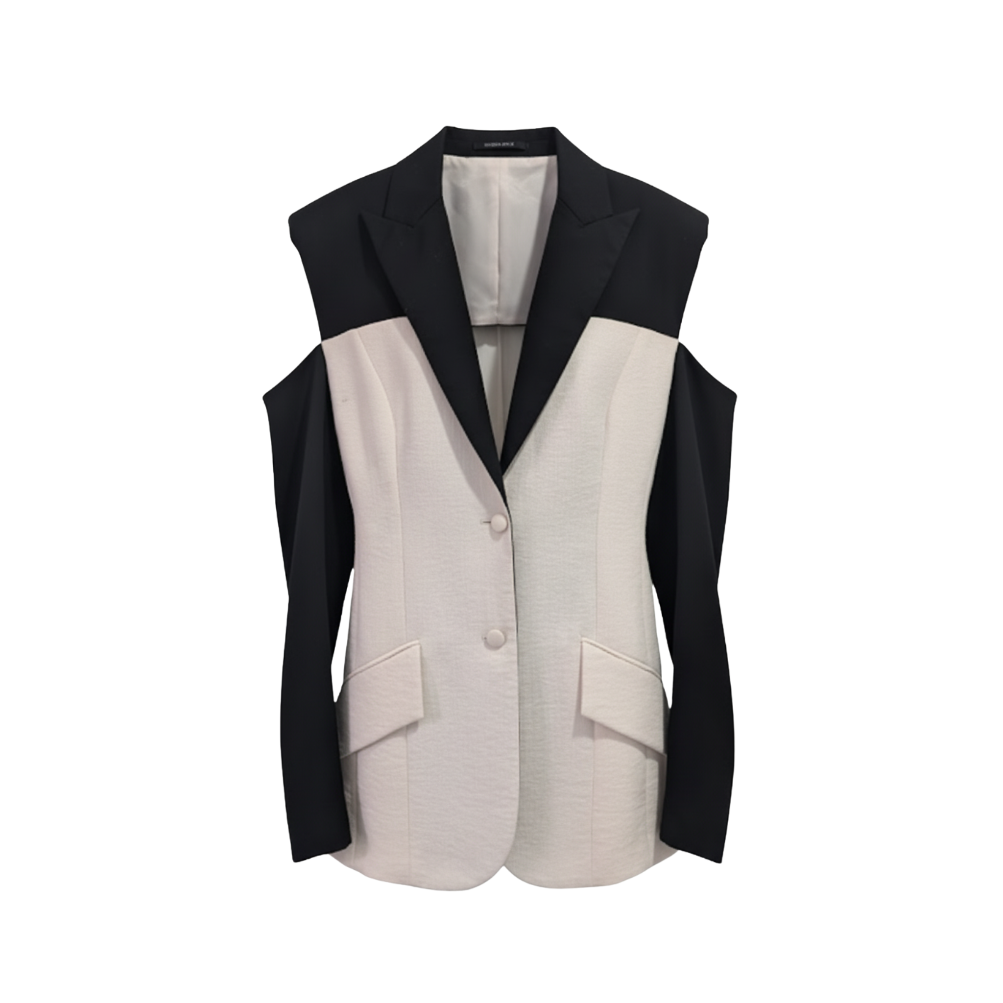 Front view of cream and black tailored jacket with cut-out shoulder construction.