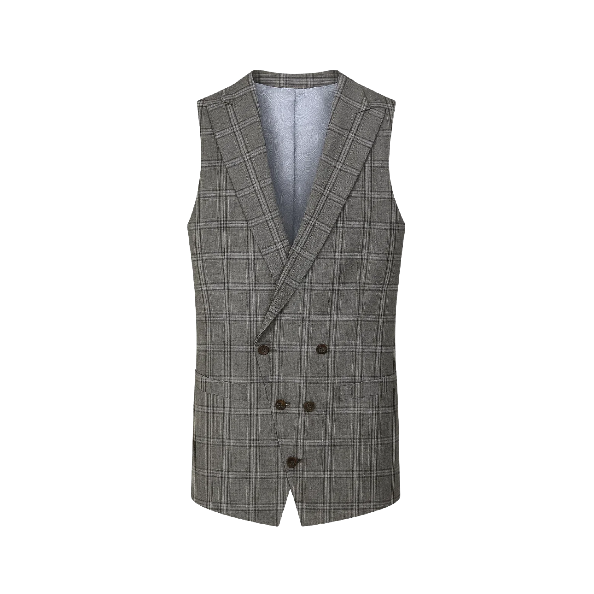 Tailory grey and navy plaid double-breasted vest front view