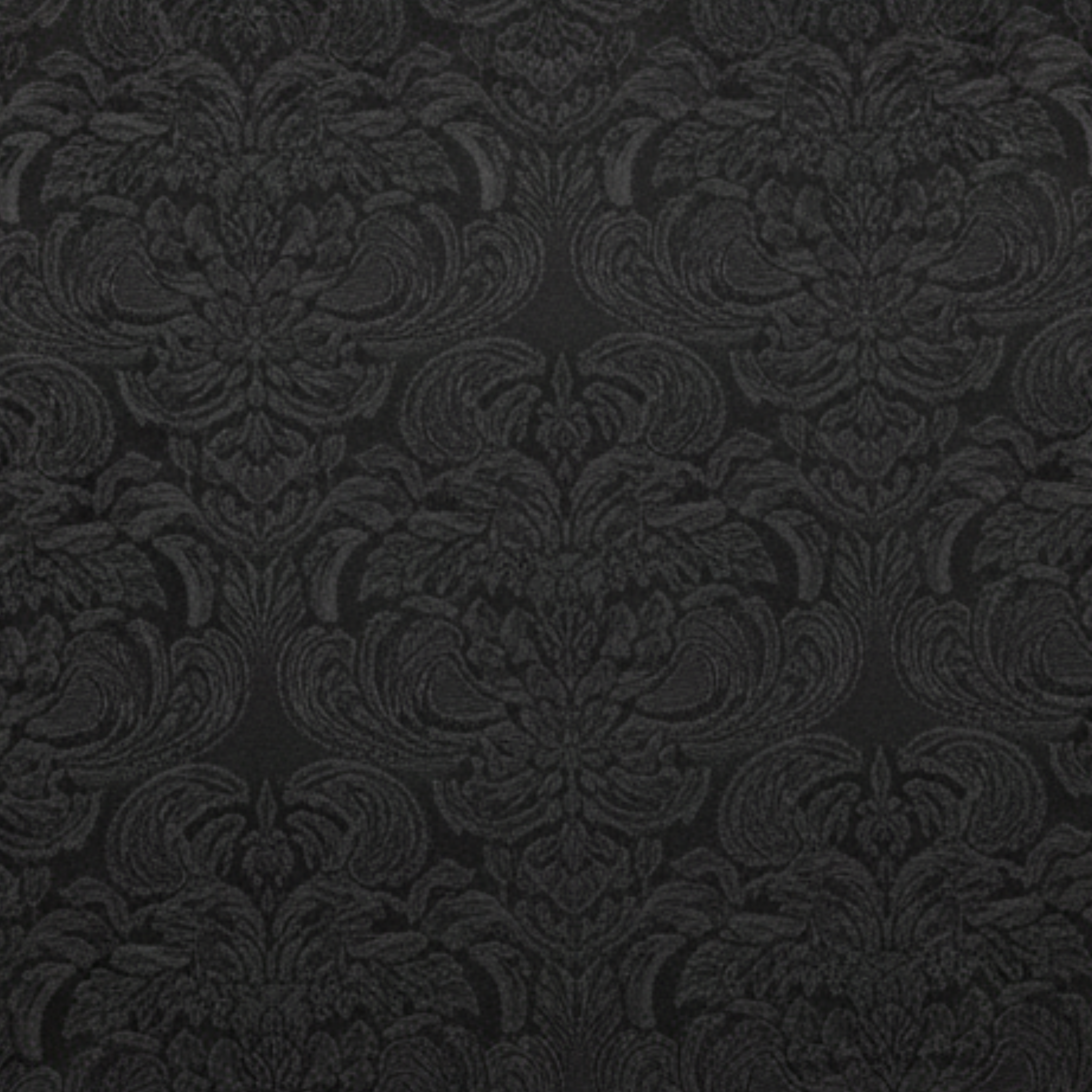 Tailory black tonal brocade fabric swatch with satin waistband detailing and straight-leg tailoring