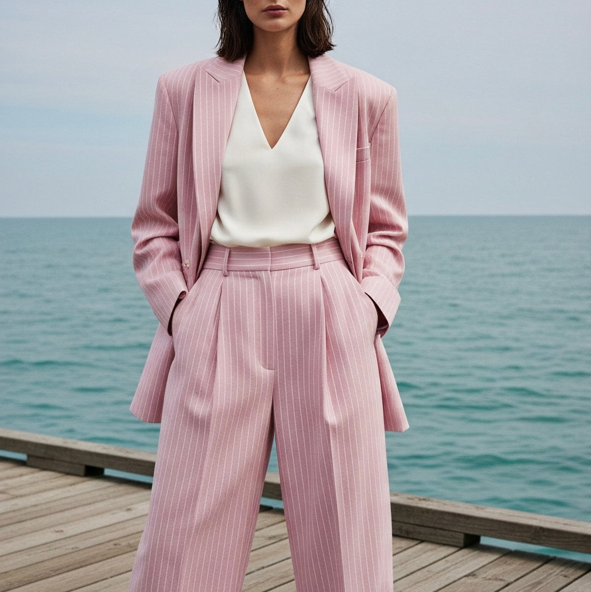Woman in a pink suit standing on a wooden pier with ocean in the background