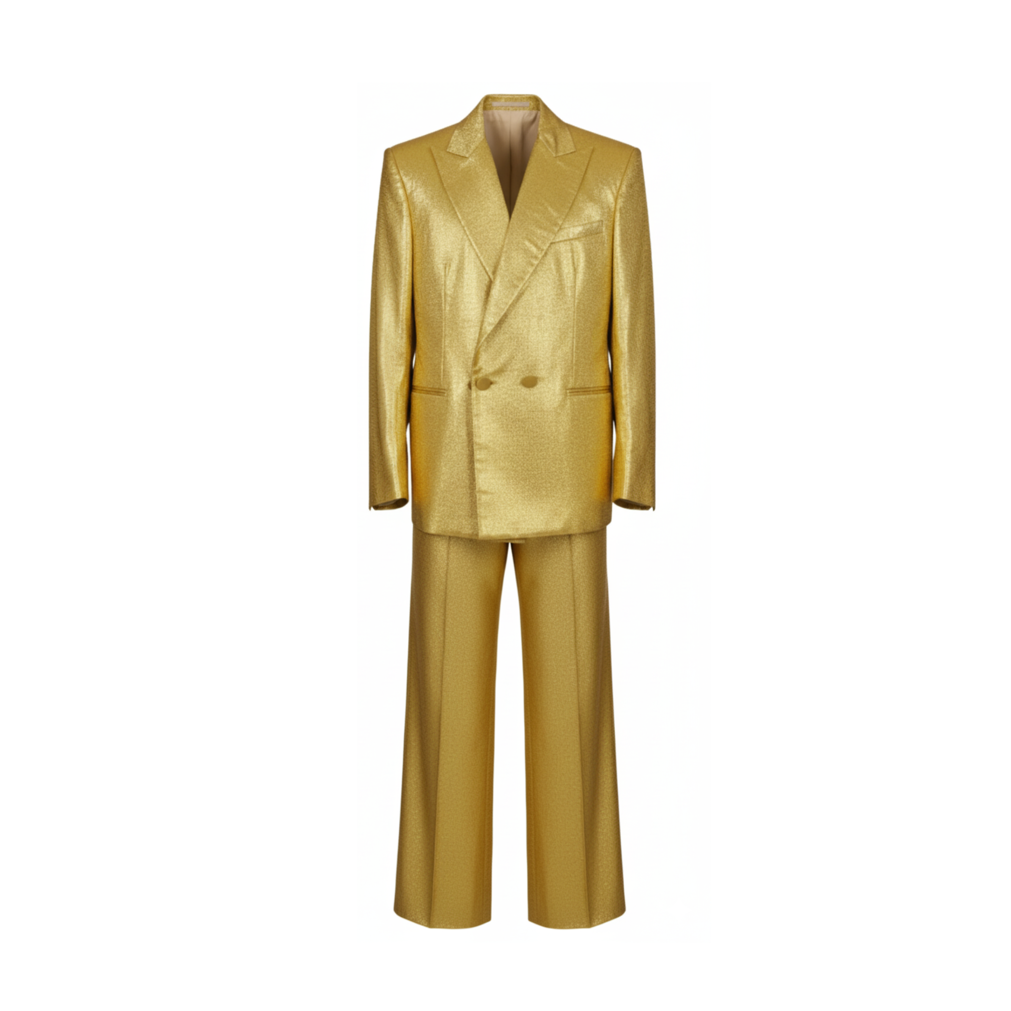 Gold silk lamé tailored blazer and trouser, front view