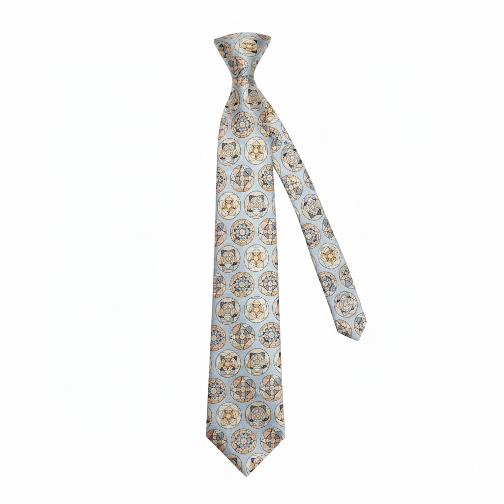 Medallion patterned silk tie shown at an angle